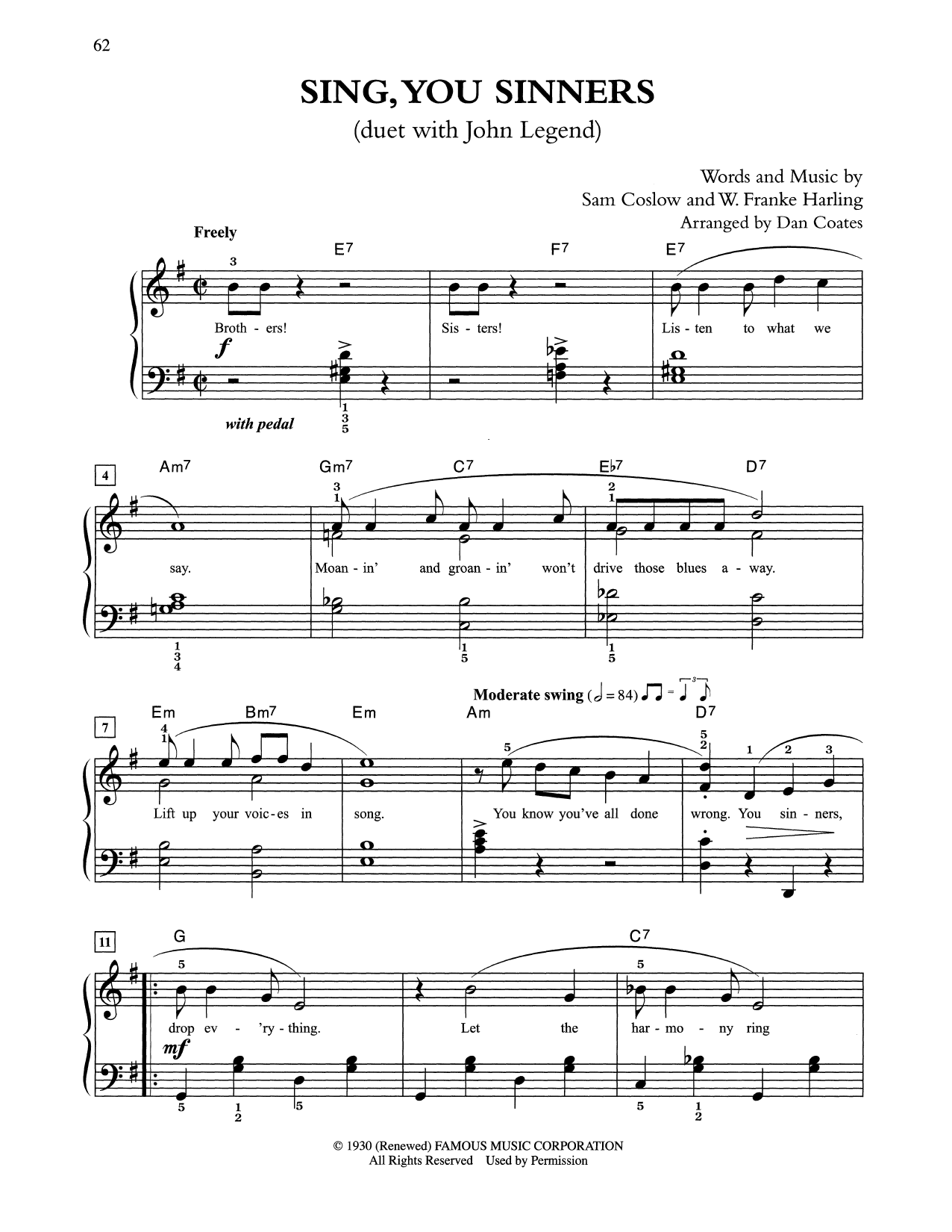 Tony Bennett & John Legend Sing, You Sinners (arr. Dan Coates) Sheet Music Notes & Chords for Easy Piano - Download or Print PDF