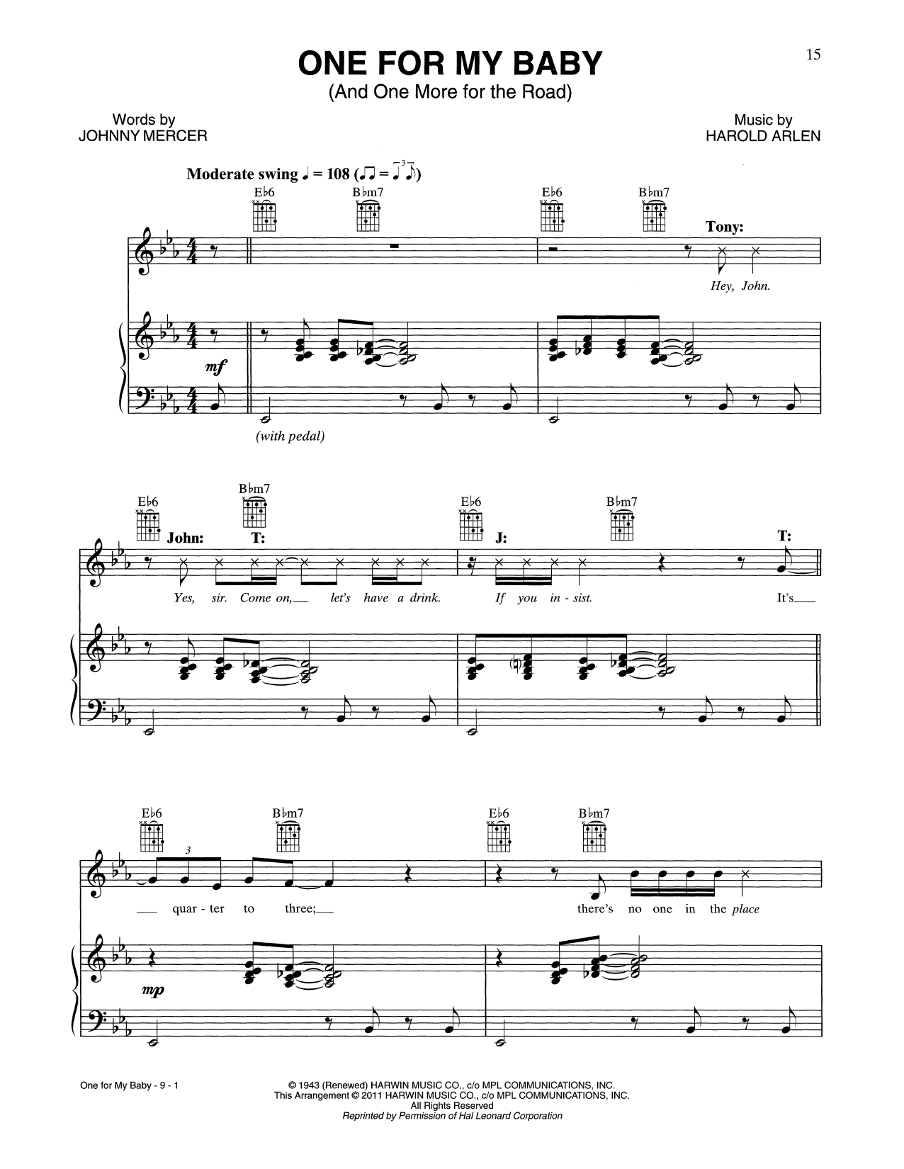 Tony Bennett & John Mayer One For My Baby (And One More For The Road) Sheet Music Notes & Chords for Piano, Vocal & Guitar (Right-Hand Melody) - Download or Print PDF