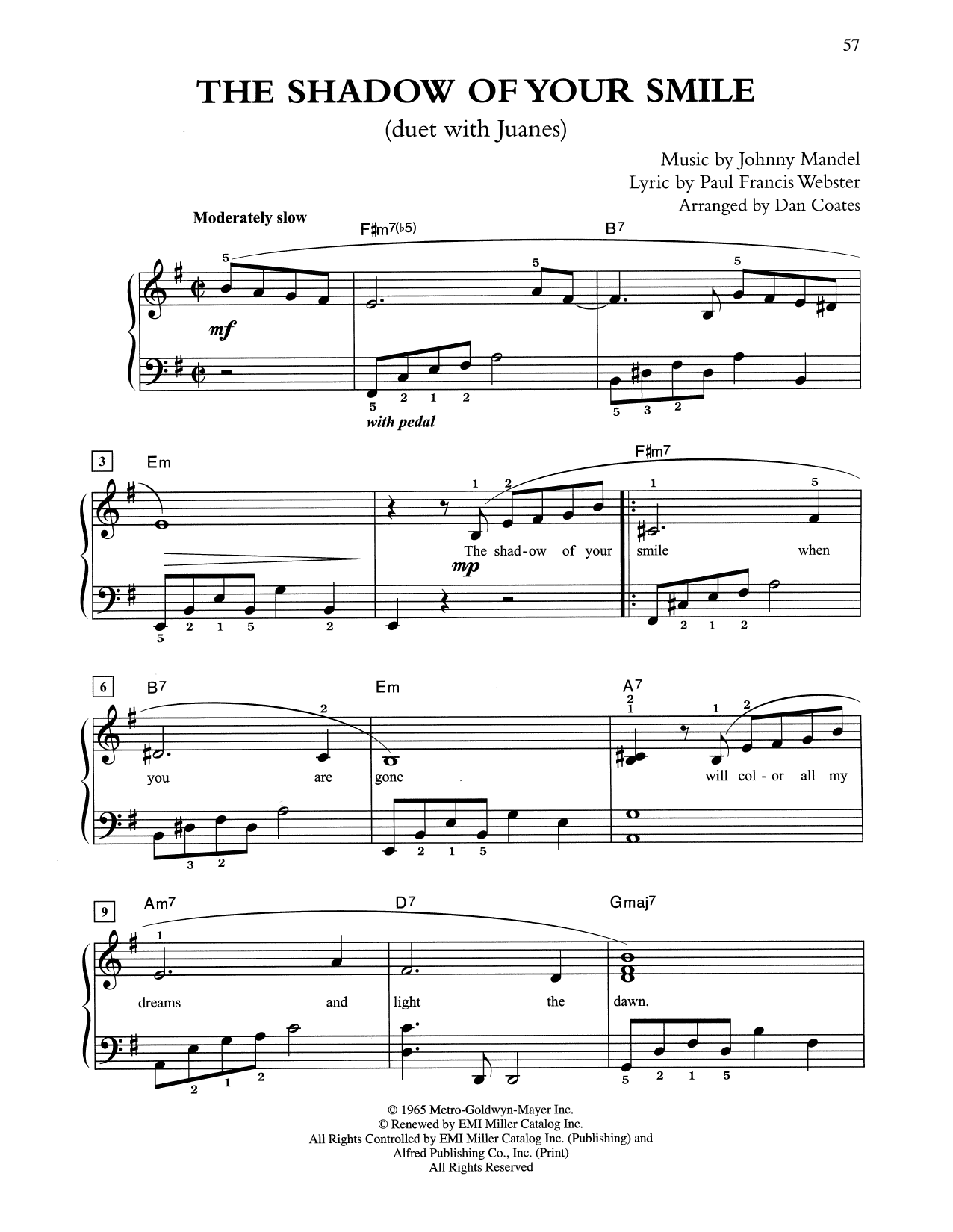 Tony Bennett & Juanes The Shadow Of Your Smile (arr. Dan Coates) Sheet Music Notes & Chords for Easy Piano - Download or Print PDF