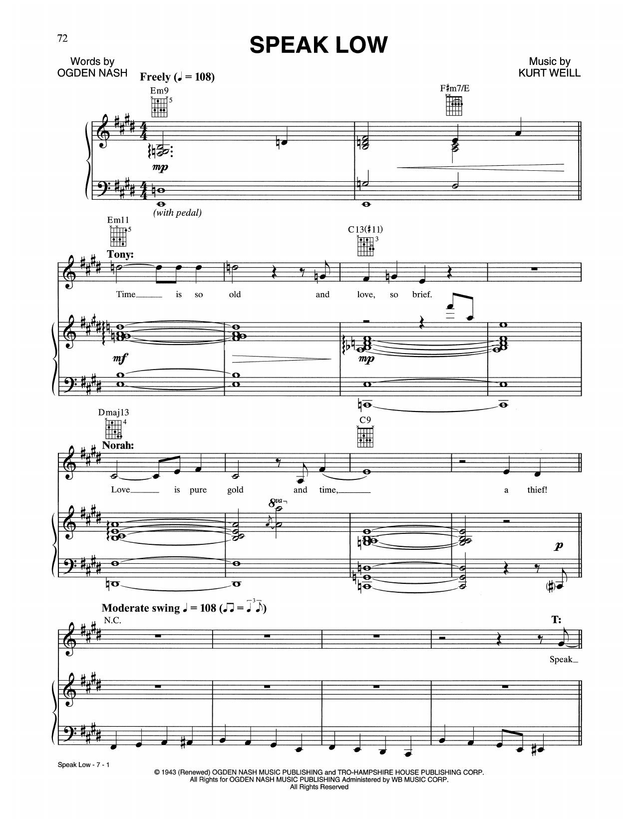 Tony Bennett & Norah Jones Speak Low Sheet Music Notes & Chords for Piano, Vocal & Guitar (Right-Hand Melody) - Download or Print PDF