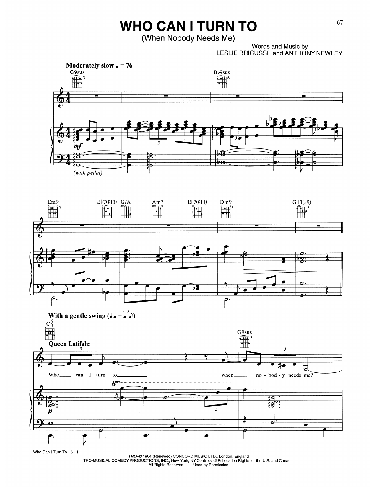 Tony Bennett & Queen Latifah Who Can I Turn To (When Nobody Needs Me) Sheet Music Notes & Chords for Piano, Vocal & Guitar (Right-Hand Melody) - Download or Print PDF