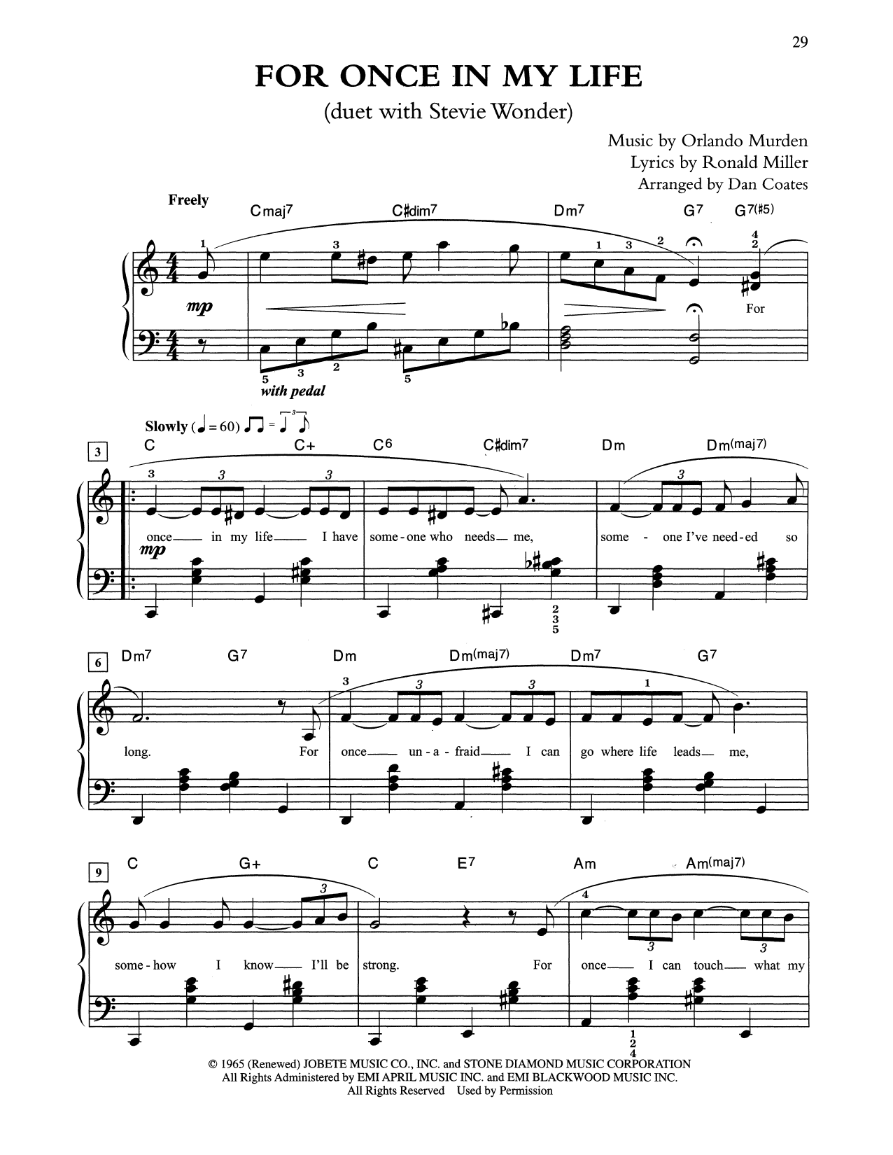 Tony Bennett & Stevie Wonder For Once In My Life (arr. Dan Coates) Sheet Music Notes & Chords for Easy Piano - Download or Print PDF