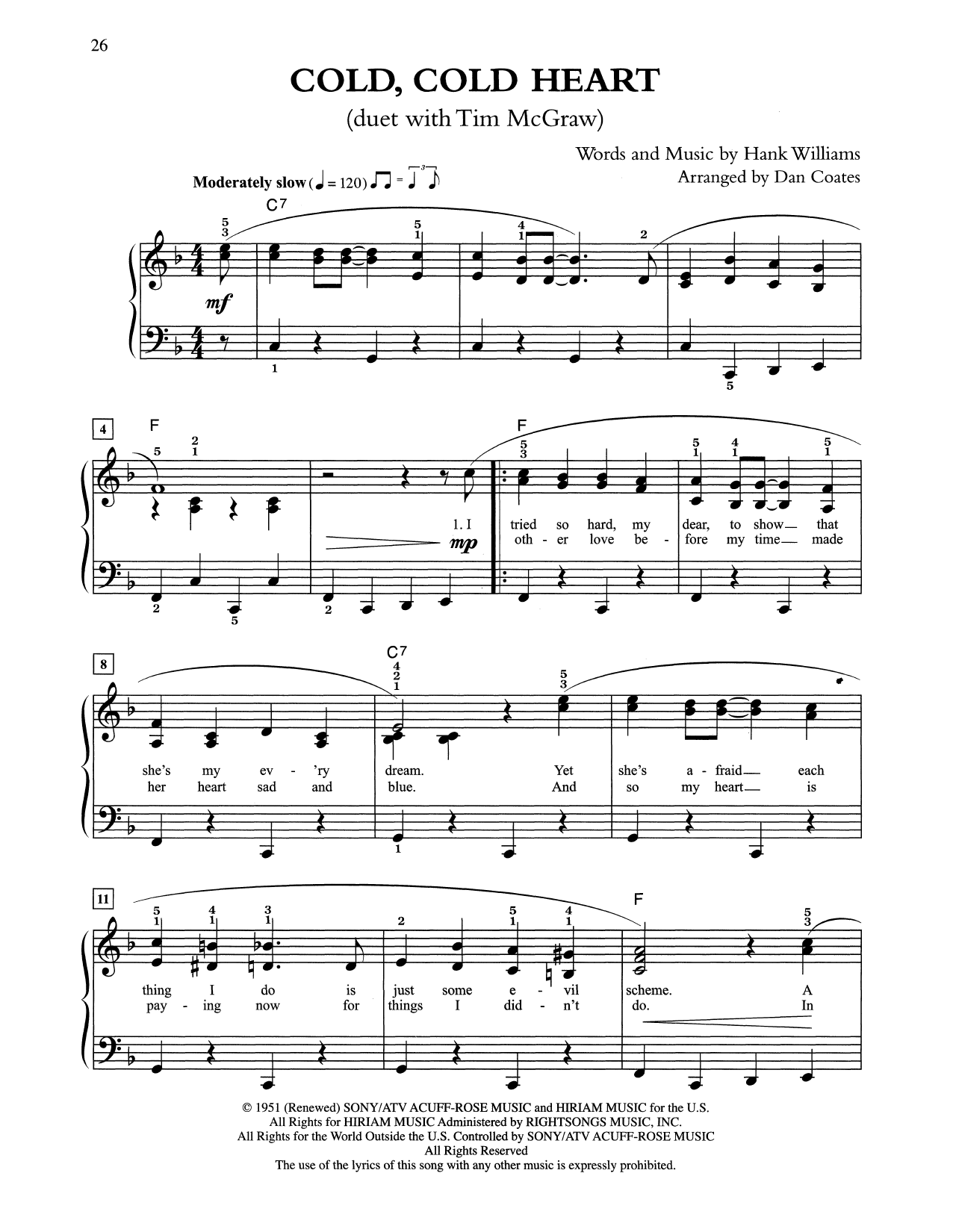 Tony Bennett & Tim McGraw Cold, Cold Heart (arr. Dan Coates) Sheet Music Notes & Chords for Easy Piano - Download or Print PDF