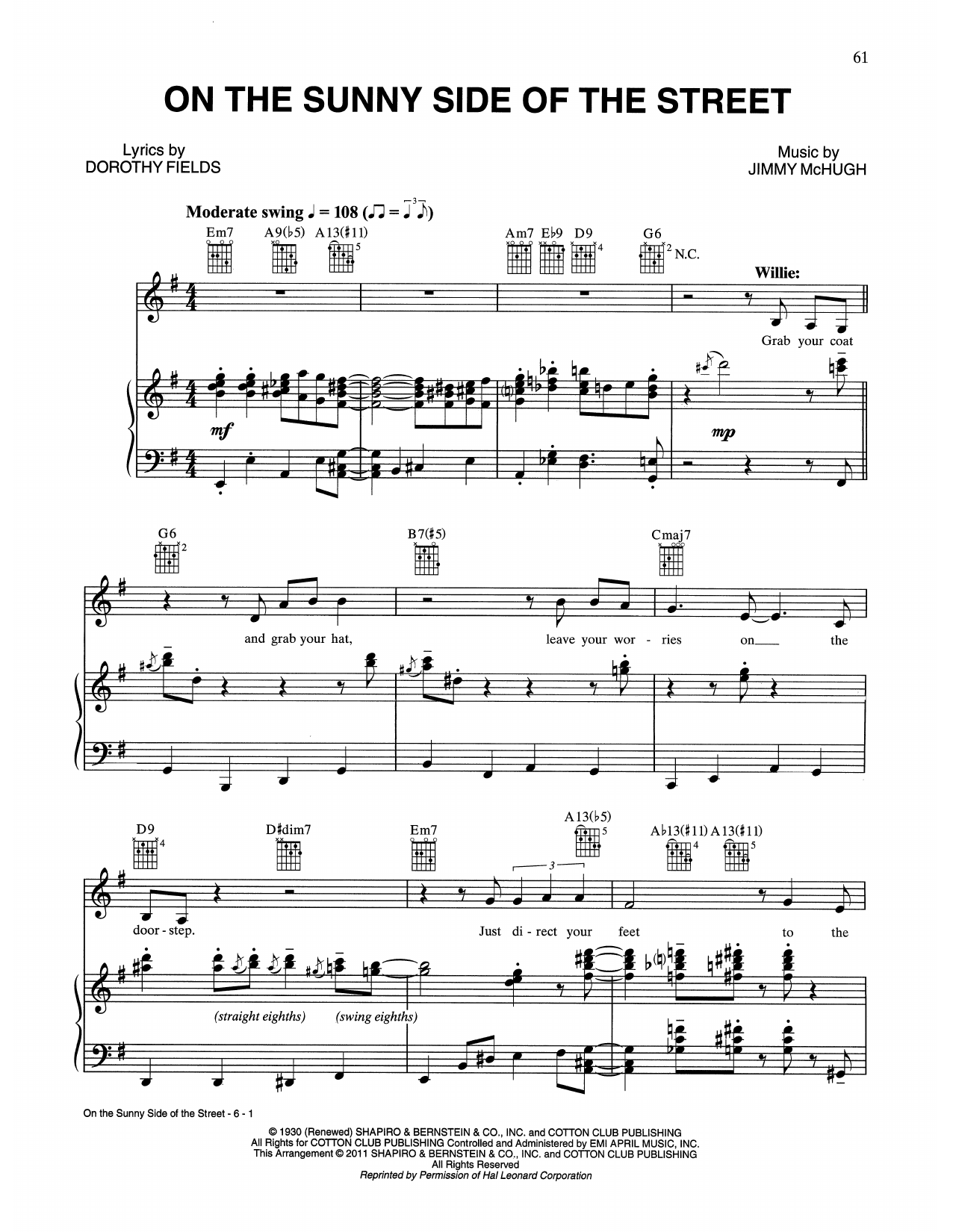 Tony Bennett & Willie Nelson On The Sunny Side Of The Street Sheet Music Notes & Chords for Piano, Vocal & Guitar (Right-Hand Melody) - Download or Print PDF