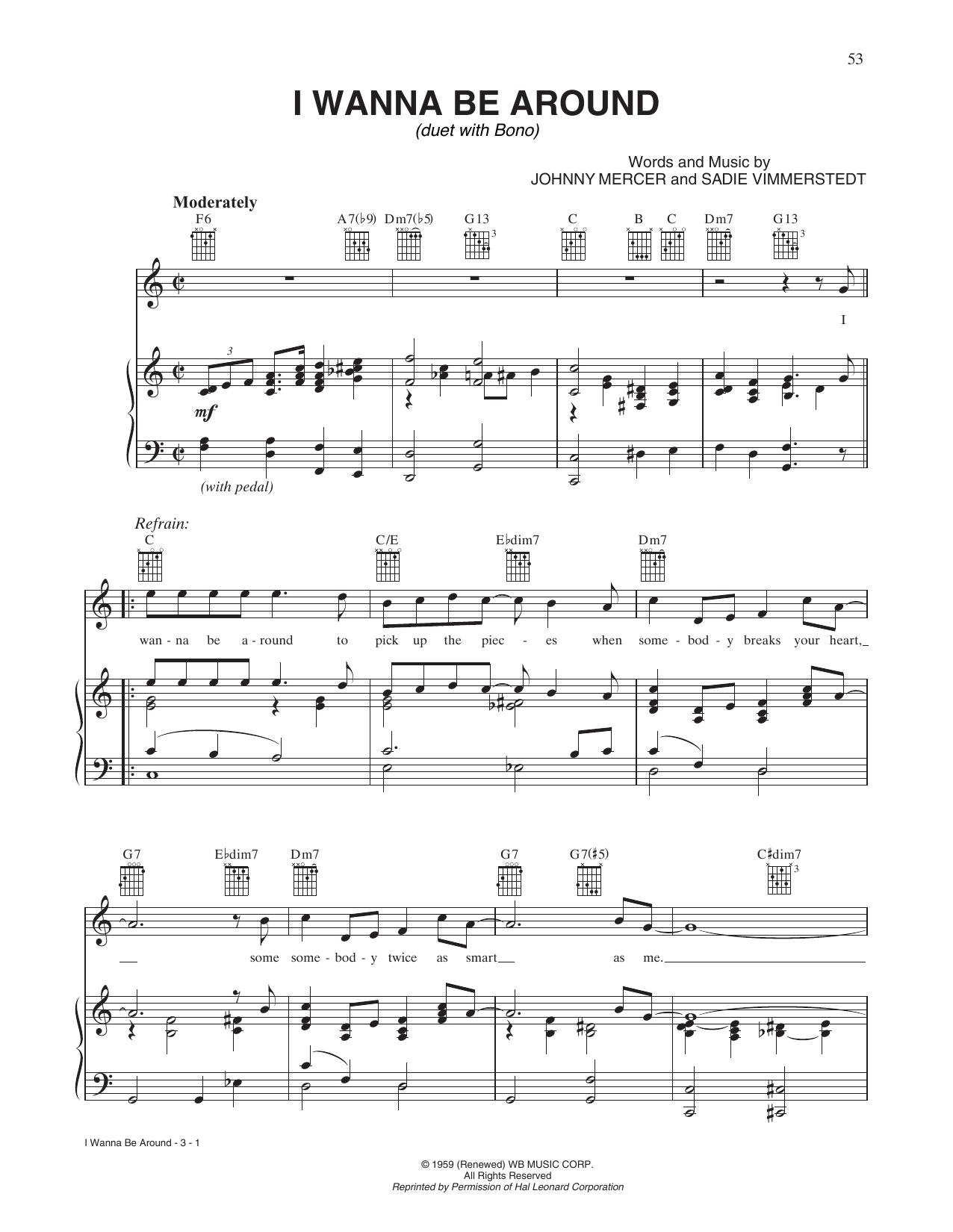 Tony Bennett and Bono I Wanna Be Around Sheet Music Notes & Chords for Piano, Vocal & Guitar Chords (Right-Hand Melody) - Download or Print PDF