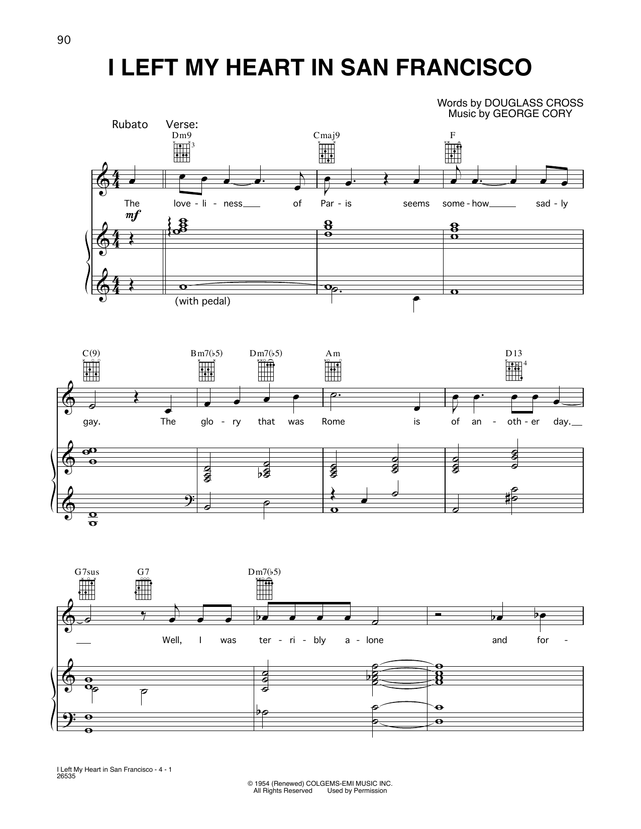 Tony Bennett and George Michael I Left My Heart In San Francisco Sheet Music Notes & Chords for Piano, Vocal & Guitar Chords (Right-Hand Melody) - Download or Print PDF