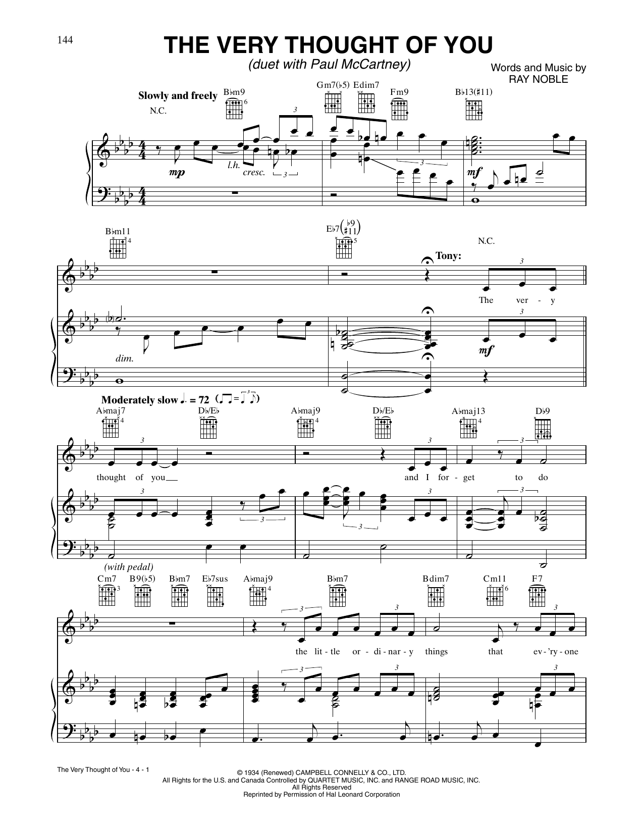 Tony Bennett and Paul McCartney The Very Thought Of You Sheet Music Notes & Chords for Piano, Vocal & Guitar Chords (Right-Hand Melody) - Download or Print PDF
