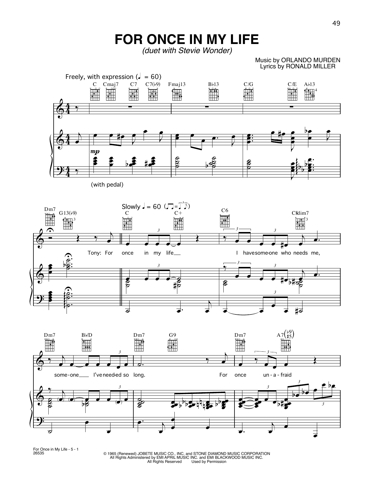 Tony Bennett and Stevie Wonder For Once In My Life Sheet Music Notes & Chords for Piano, Vocal & Guitar Chords (Right-Hand Melody) - Download or Print PDF