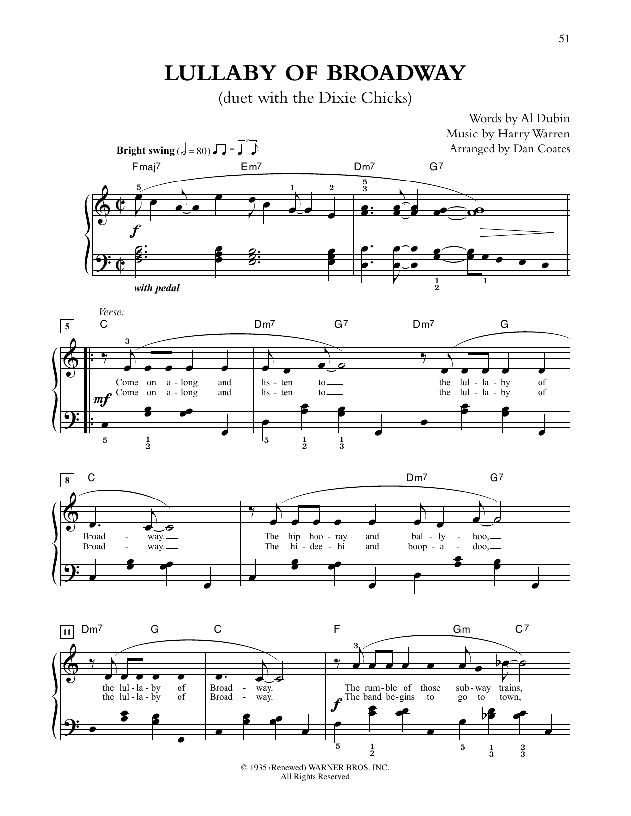Tony Bennett and The Chicks Lullaby Of Broadway (from Gold Diggers of 1935) (arr. Dan Coates) Sheet Music Notes & Chords for Easy Piano - Download or Print PDF