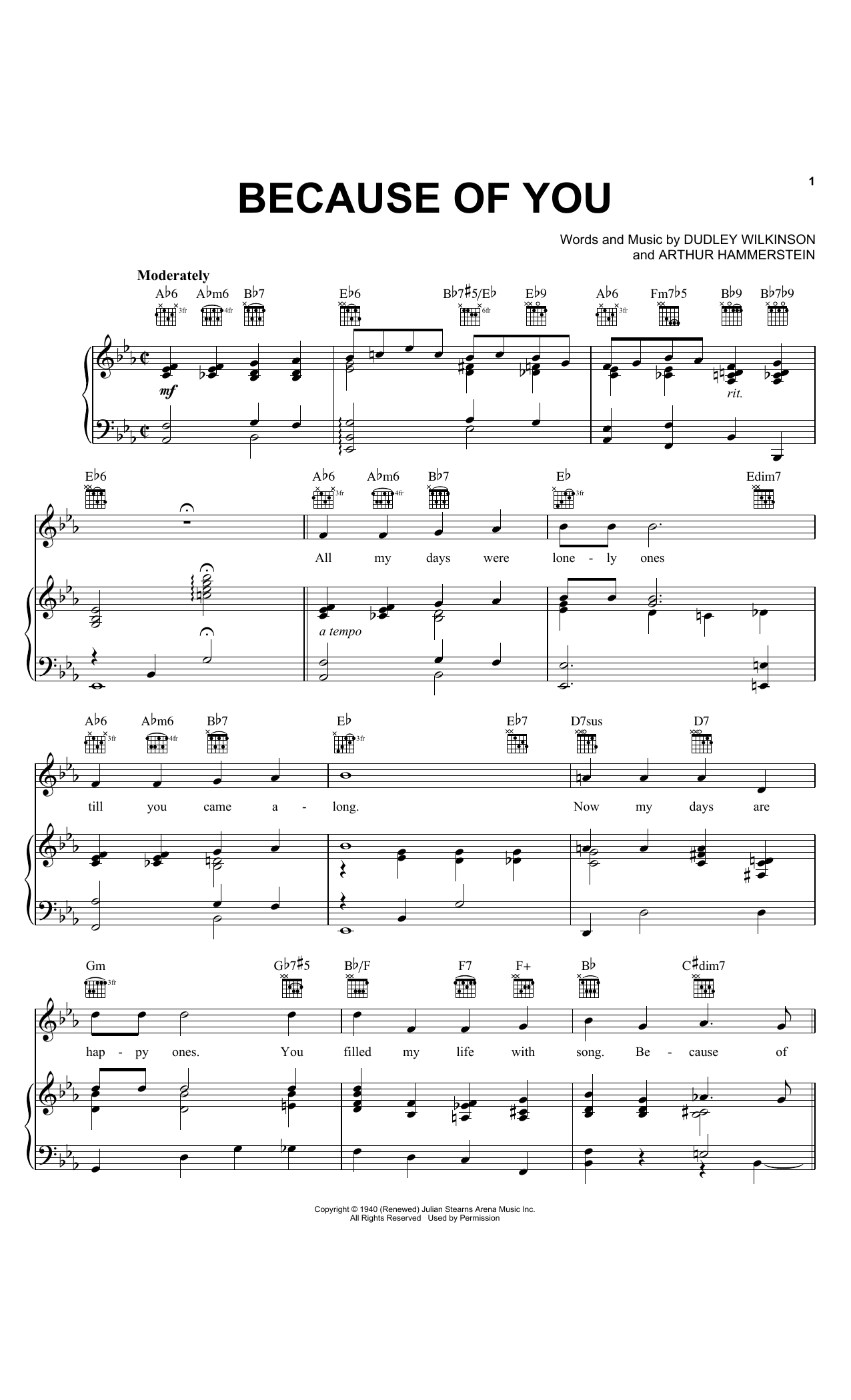Tony Bennett Because Of You Sheet Music Notes & Chords for Piano, Vocal & Guitar Chords (Right-Hand Melody) - Download or Print PDF