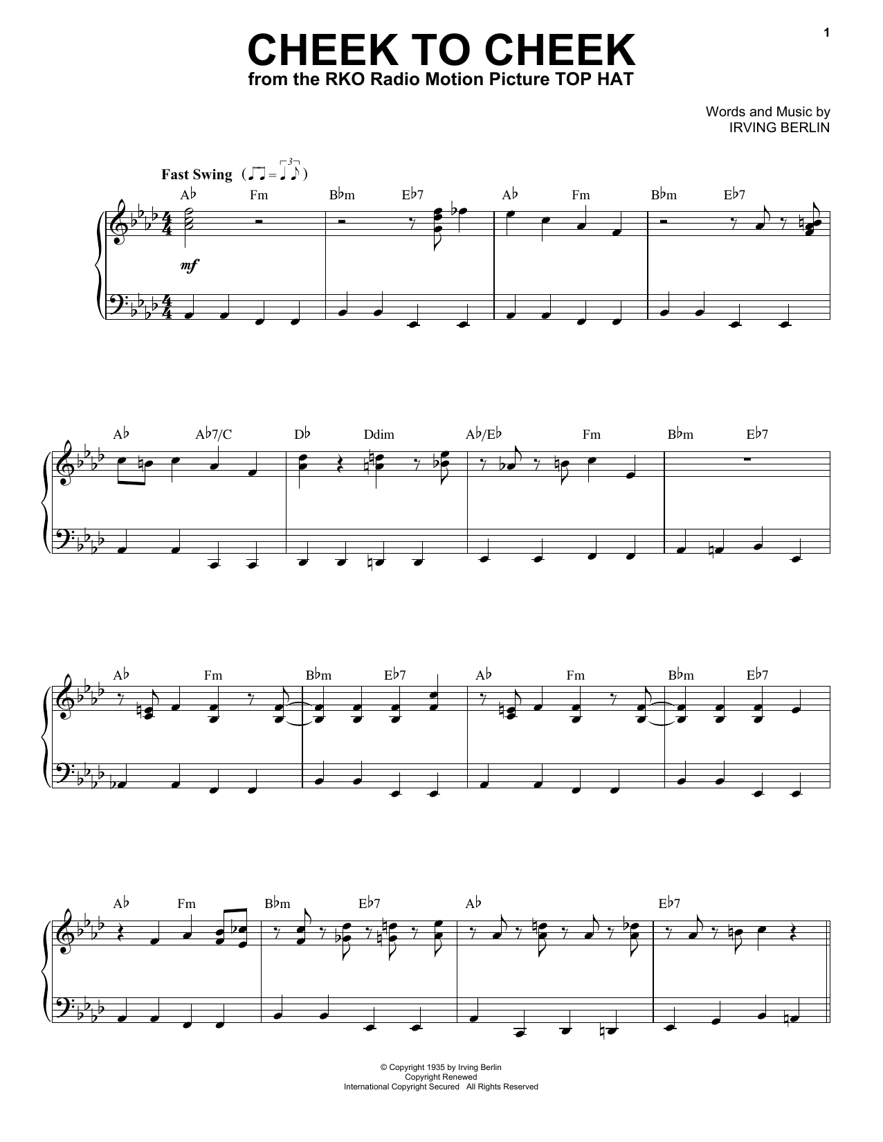 Tony Bennett Cheek To Cheek Sheet Music Notes & Chords for Piano & Vocal - Download or Print PDF