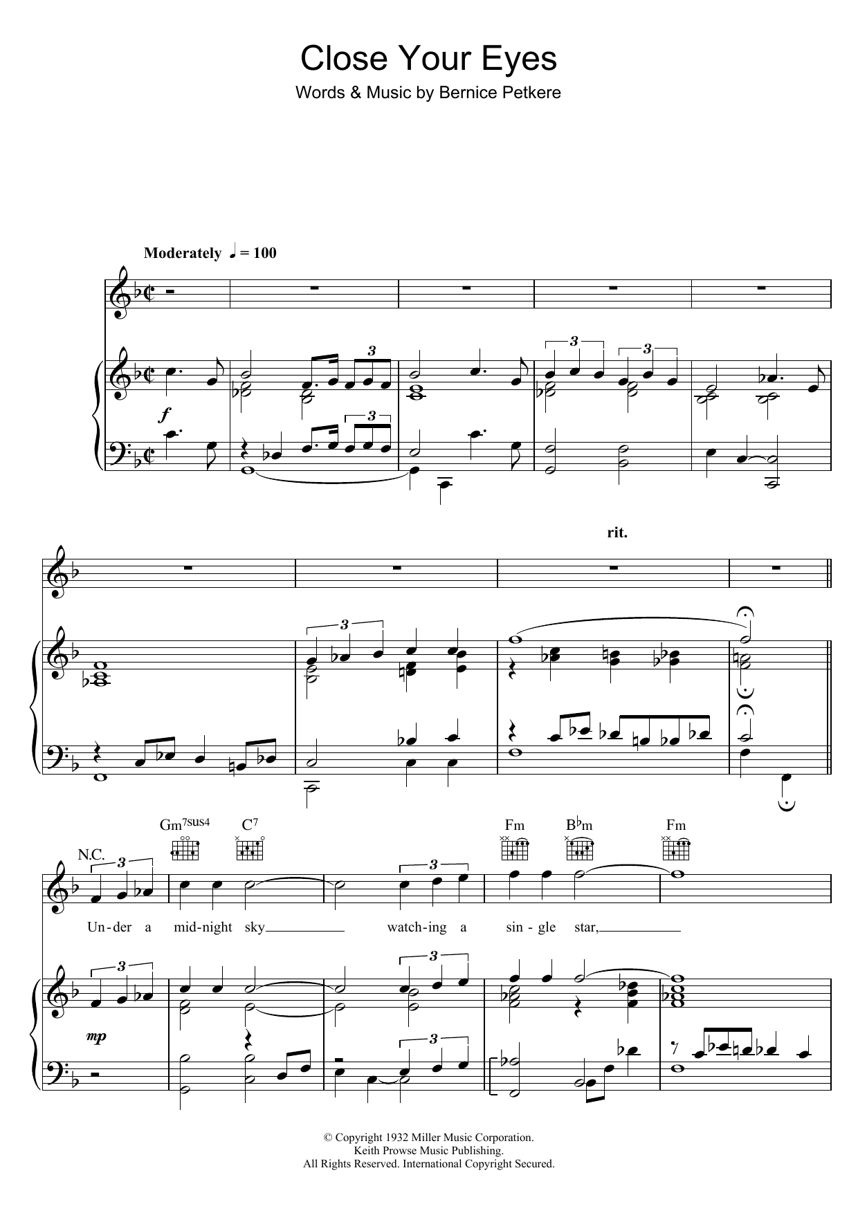 Tony Bennett Close Your Eyes Sheet Music Notes & Chords for Piano, Vocal & Guitar (Right-Hand Melody) - Download or Print PDF