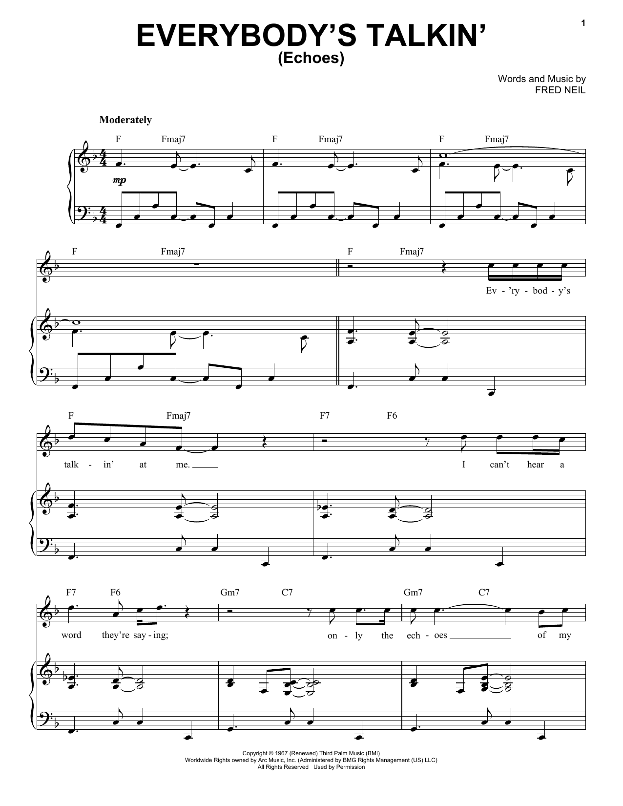 Tony Bennett Everybody's Talkin' (Echoes) Sheet Music Notes & Chords for Piano & Vocal - Download or Print PDF