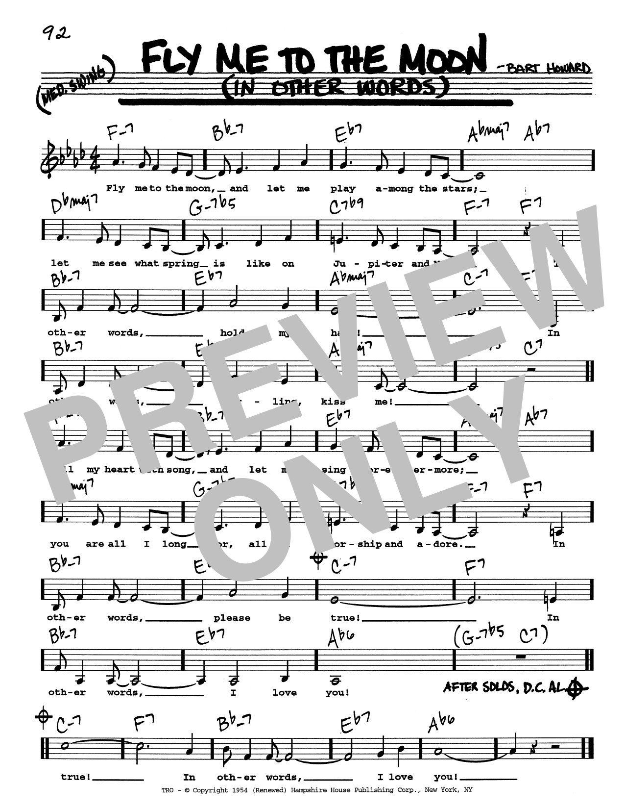 Tony Bennett Fly Me To The Moon (In Other Words) (Low Voice) Sheet Music Notes & Chords for Real Book – Melody, Lyrics & Chords - Download or Print PDF