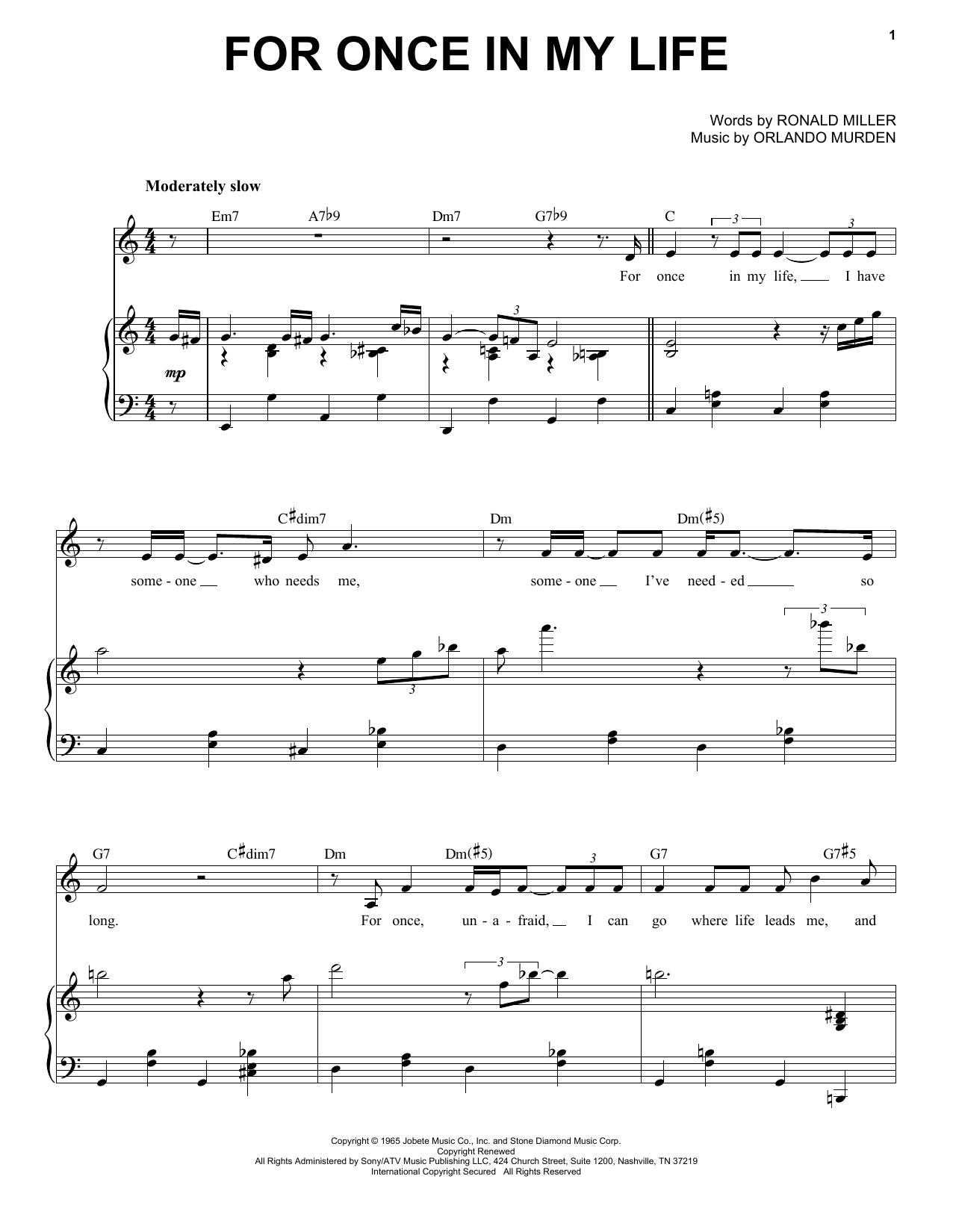 Tony Bennett For Once In My Life Sheet Music Notes & Chords for Piano & Vocal - Download or Print PDF