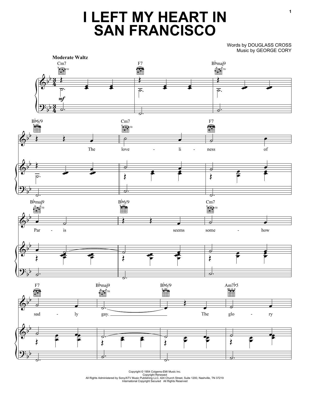 Tony Bennett I Left My Heart In San Francisco Sheet Music Notes & Chords for Piano, Vocal & Guitar (Right-Hand Melody) - Download or Print PDF