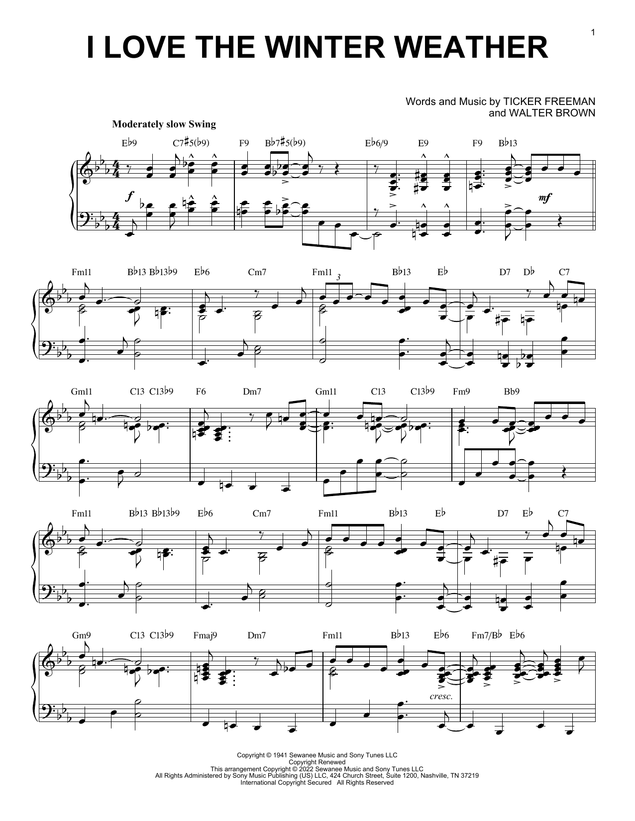 Tony Bennett I Love The Winter Weather (arr. Brent Edstrom) Sheet Music Notes & Chords for Piano Solo - Download or Print PDF