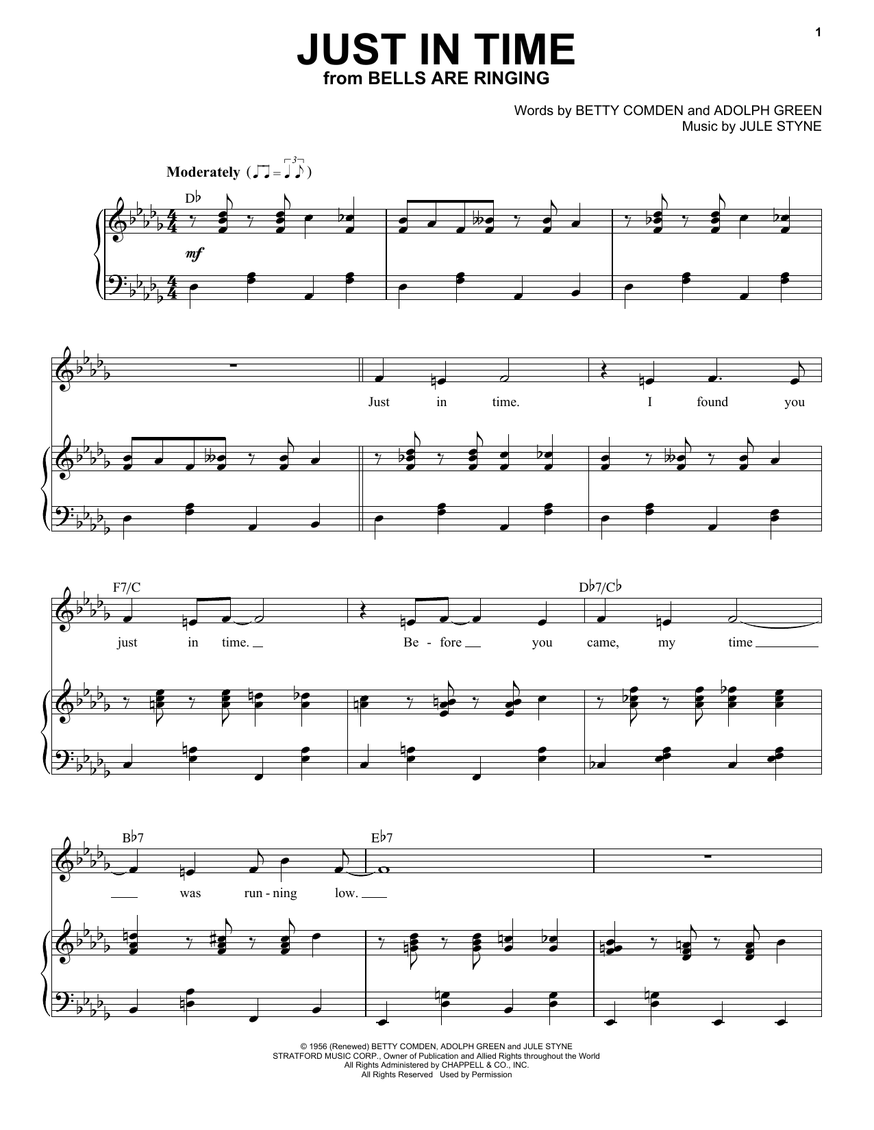 Tony Bennett Just In Time Sheet Music Notes & Chords for Piano, Vocal & Guitar Chords (Right-Hand Melody) - Download or Print PDF