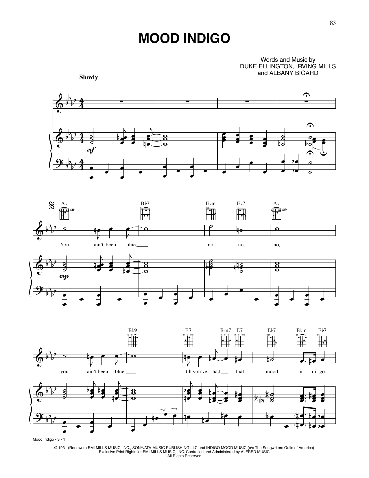 Tony Bennett Mood Indigo Sheet Music Notes & Chords for Piano, Vocal & Guitar Chords (Right-Hand Melody) - Download or Print PDF