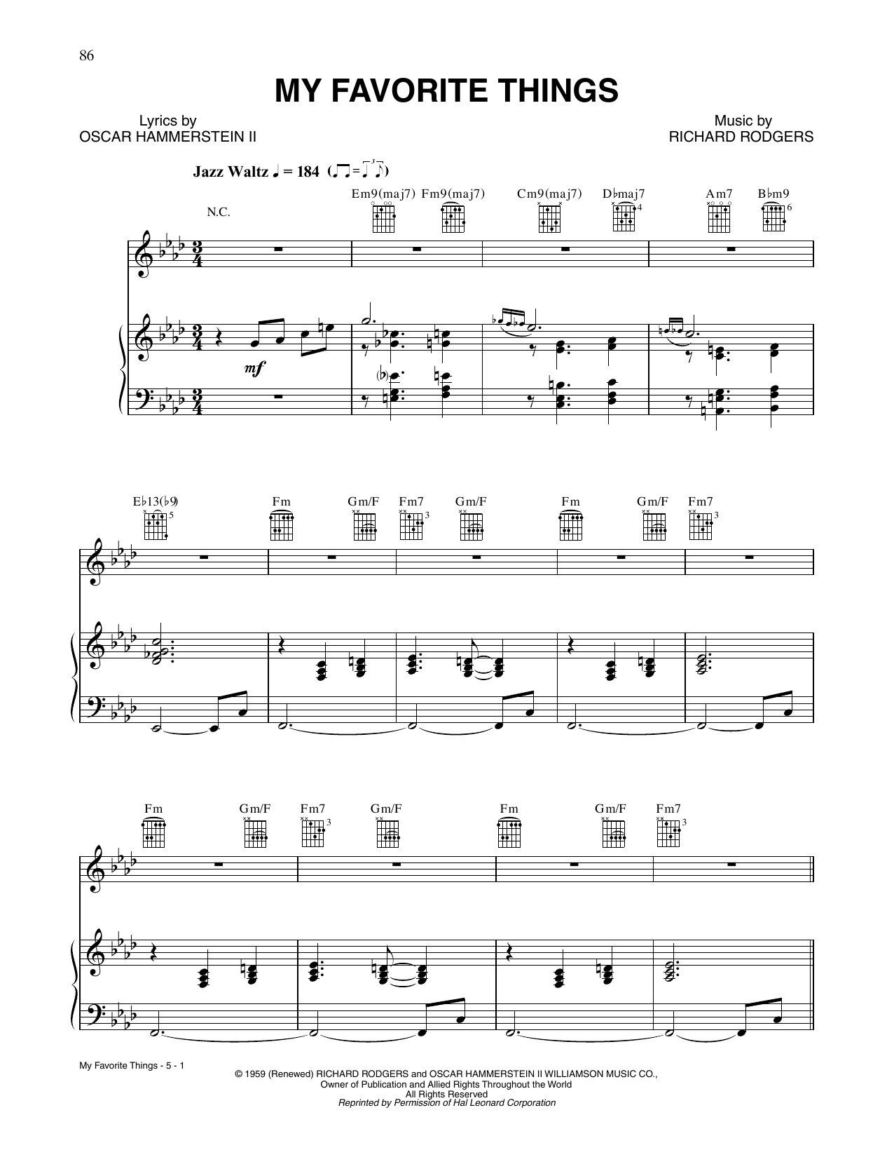 Tony Bennett My Favorite Things Sheet Music Notes & Chords for Piano, Vocal & Guitar Chords (Right-Hand Melody) - Download or Print PDF