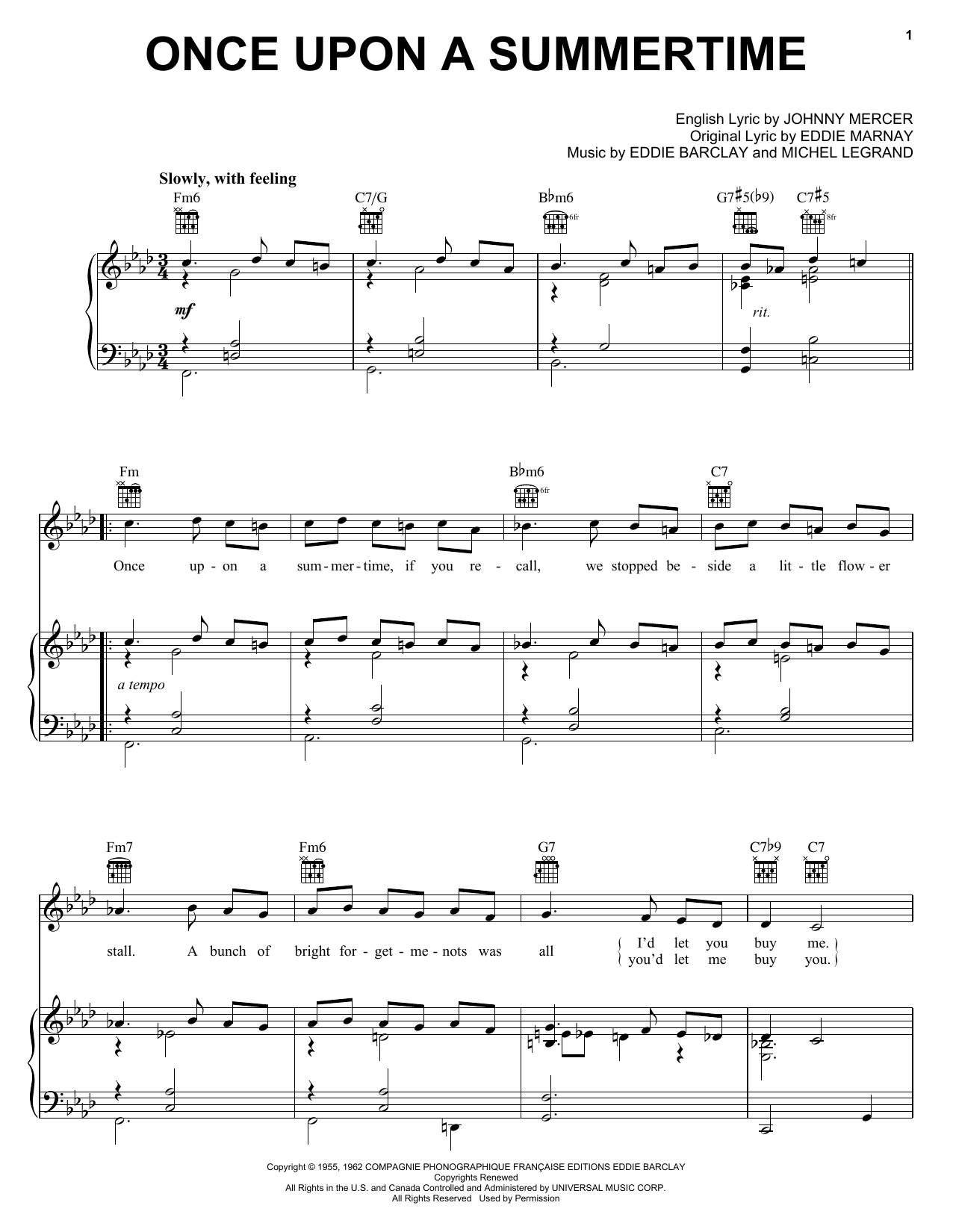Tony Bennett Once Upon A Summertime Sheet Music Notes & Chords for Piano, Vocal & Guitar (Right-Hand Melody) - Download or Print PDF
