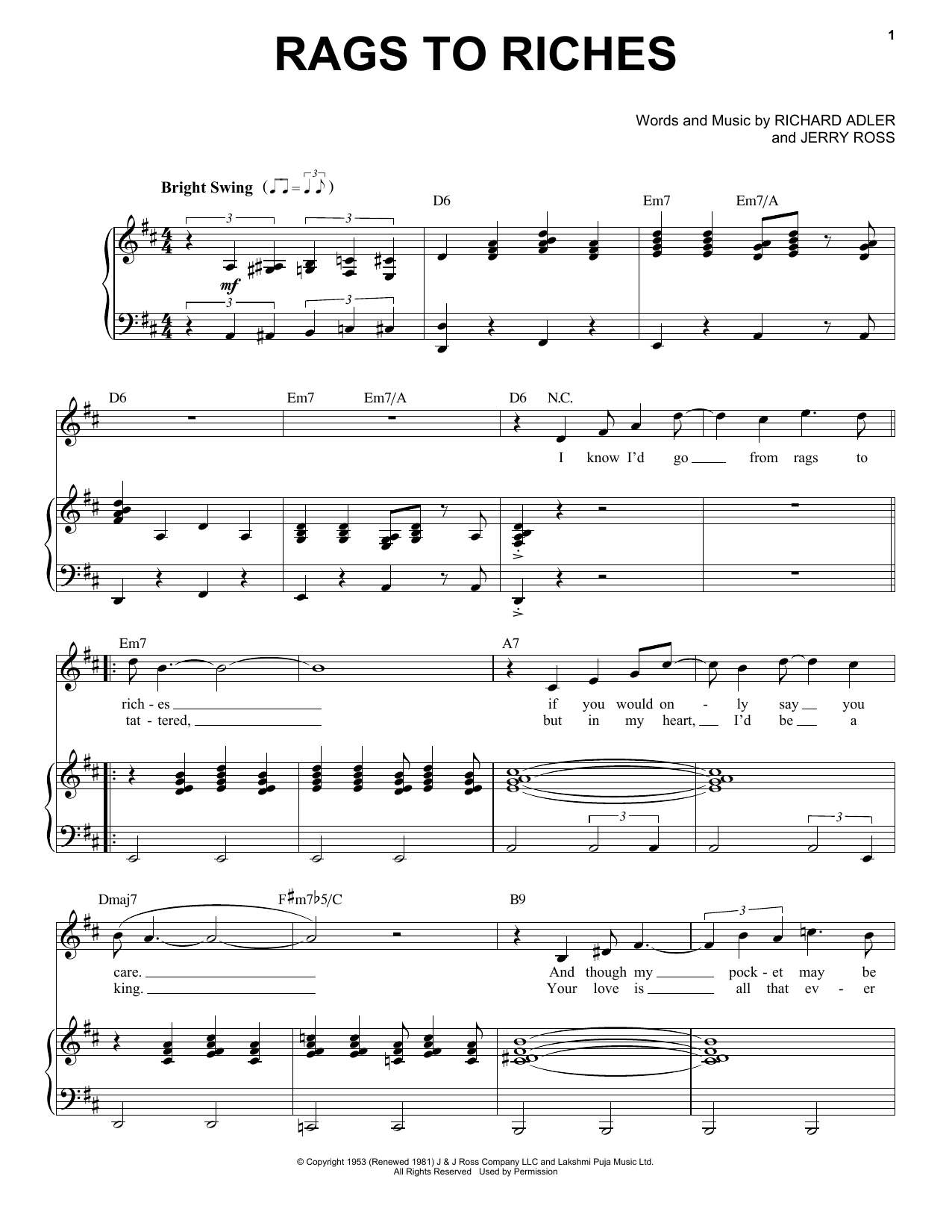 Tony Bennett Rags To Riches Sheet Music Notes & Chords for Piano, Vocal & Guitar (Right-Hand Melody) - Download or Print PDF