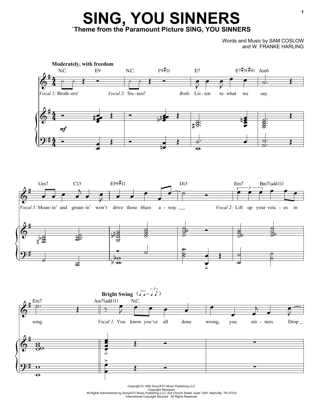 Tony Bennett Sing, You Sinners Sheet Music Notes & Chords for Piano & Vocal - Download or Print PDF