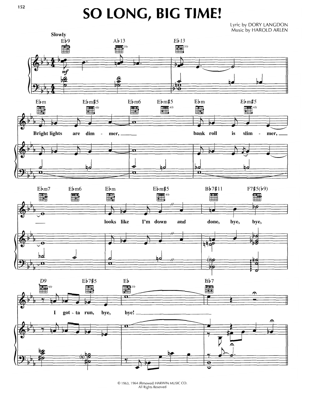 Tony Bennett So Long, Big Time! Sheet Music Notes & Chords for Piano, Vocal & Guitar Chords (Right-Hand Melody) - Download or Print PDF