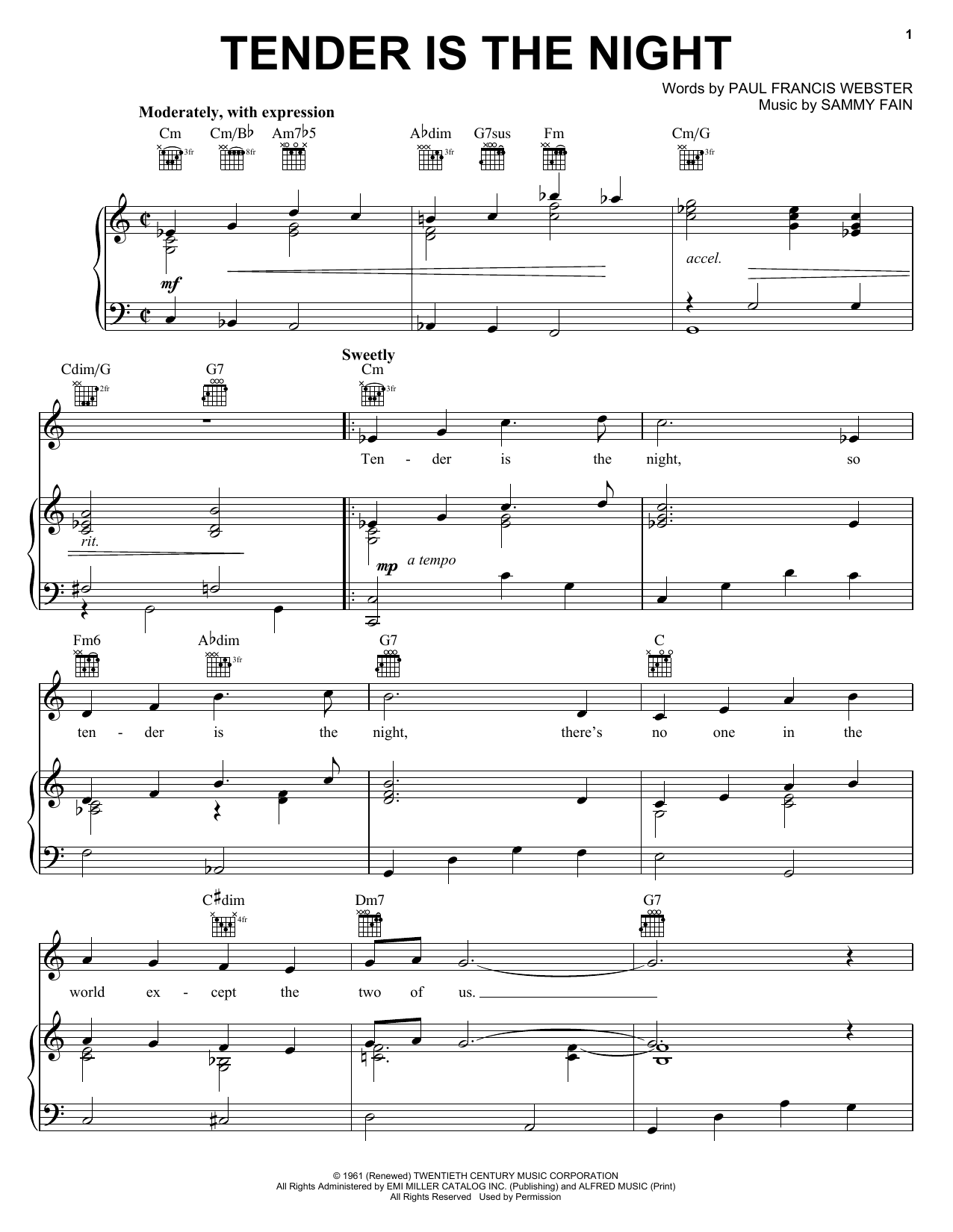 Tony Bennett Tender Is The Night Sheet Music Notes & Chords for Piano, Vocal & Guitar (Right-Hand Melody) - Download or Print PDF