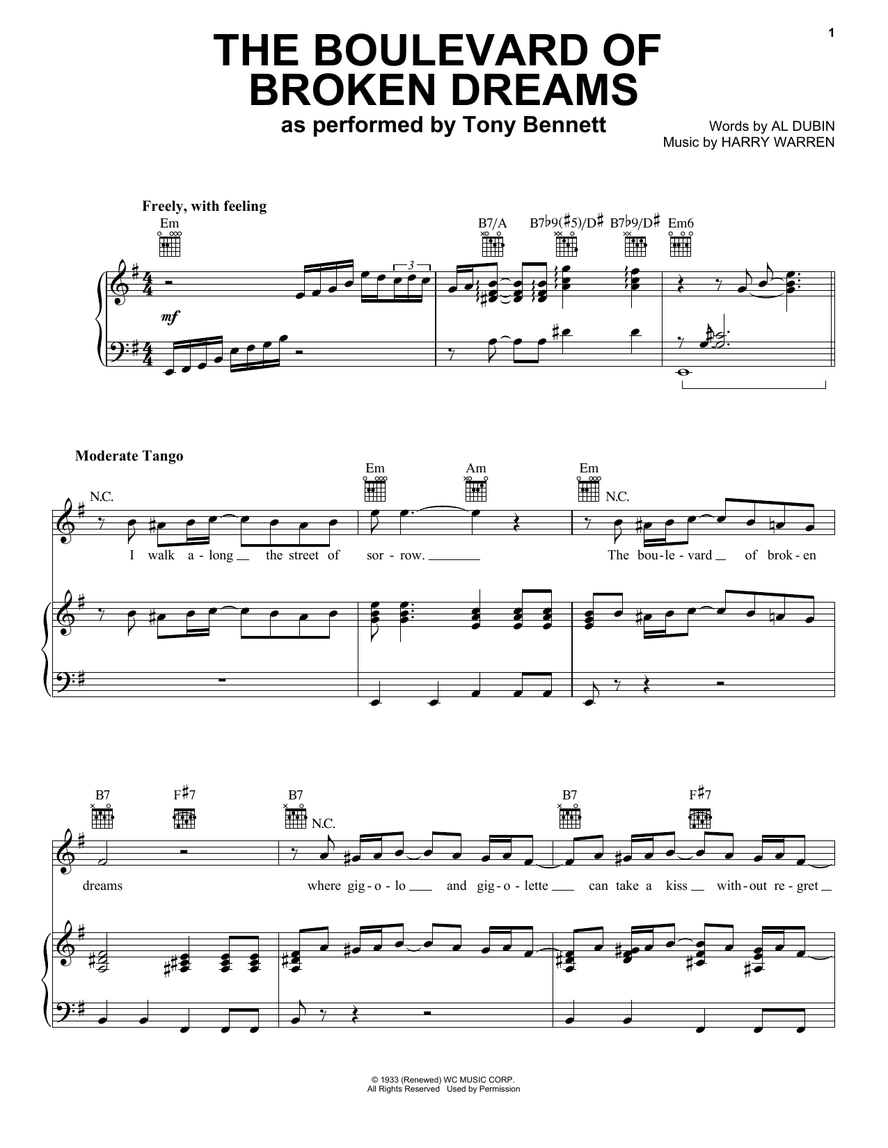 Tony Bennett The Boulevard Of Broken Dreams Sheet Music Notes & Chords for Piano, Vocal & Guitar (Right-Hand Melody) - Download or Print PDF