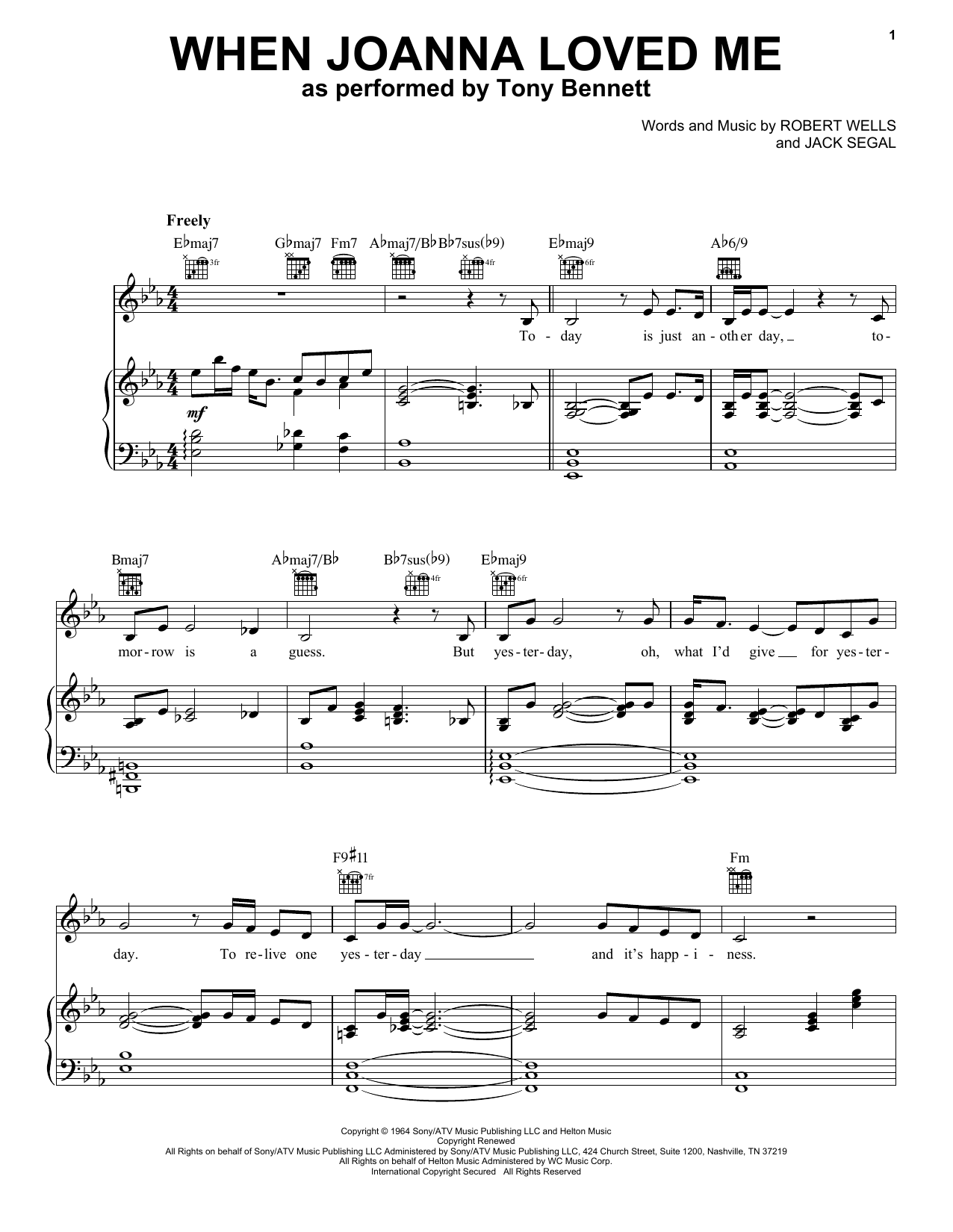 Tony Bennett When Joanna Loved Me Sheet Music Notes & Chords for Piano, Vocal & Guitar Chords (Right-Hand Melody) - Download or Print PDF