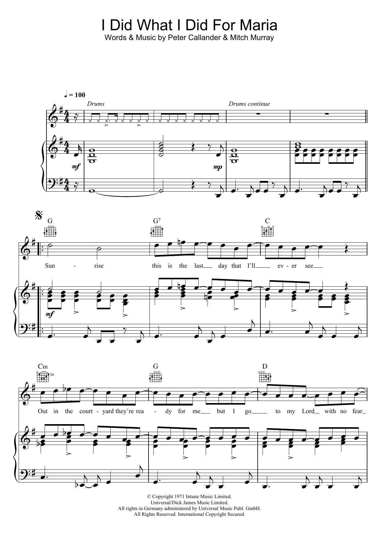 Tony Christie I Did What I Did For Maria Sheet Music Notes & Chords for Piano, Vocal & Guitar (Right-Hand Melody) - Download or Print PDF