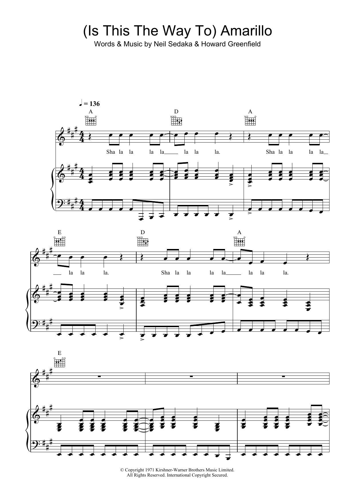 Tony Christie (Is This The Way To) Amarillo (feat. Peter Kay) Sheet Music Notes & Chords for Piano, Vocal & Guitar (Right-Hand Melody) - Download or Print PDF