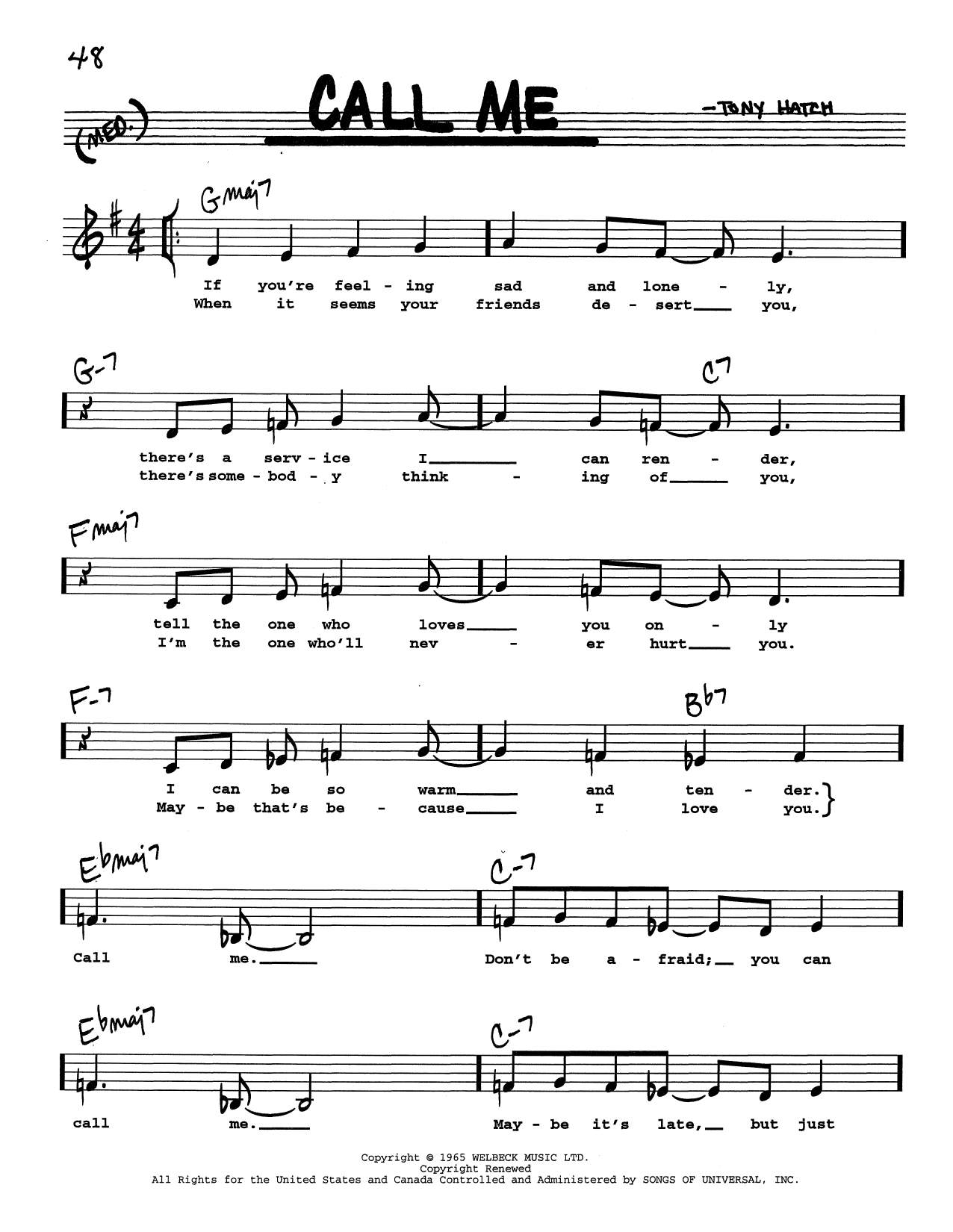 Tony Hatch Call Me (Low Voice) Sheet Music Notes & Chords for Real Book – Melody, Lyrics & Chords - Download or Print PDF