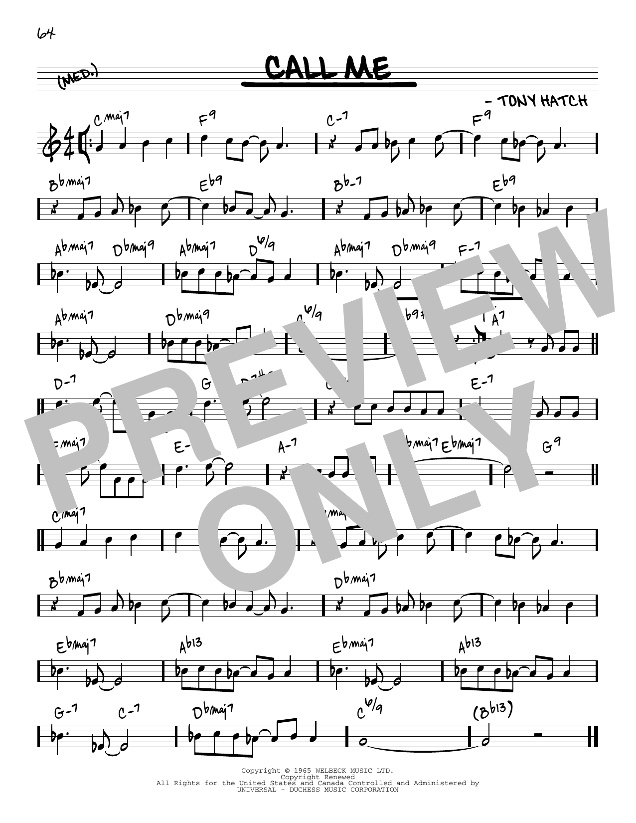 Tony Hatch Call Me [Reharmonized version] (arr. Jack Grassel) Sheet Music Notes & Chords for Real Book – Melody & Chords - Download or Print PDF
