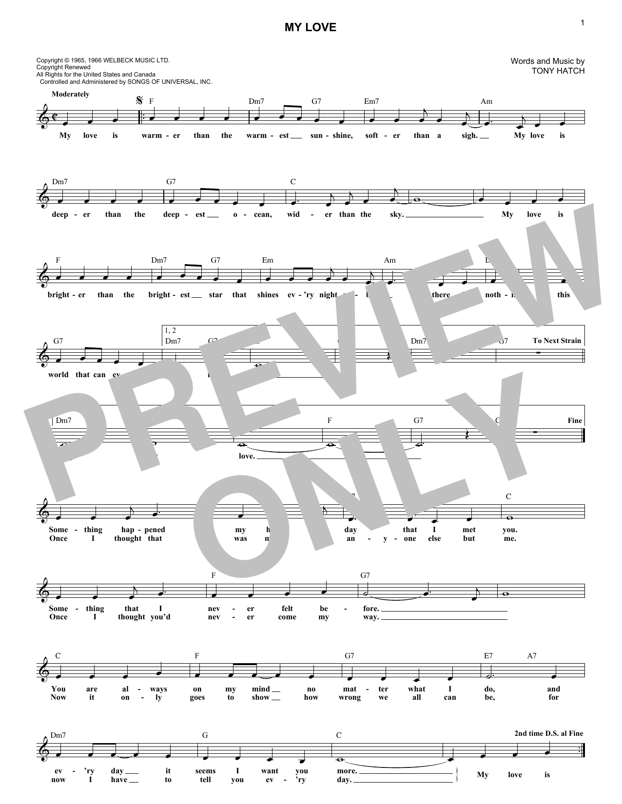 Tony Hatch My Love Sheet Music Notes & Chords for Lead Sheet / Fake Book - Download or Print PDF
