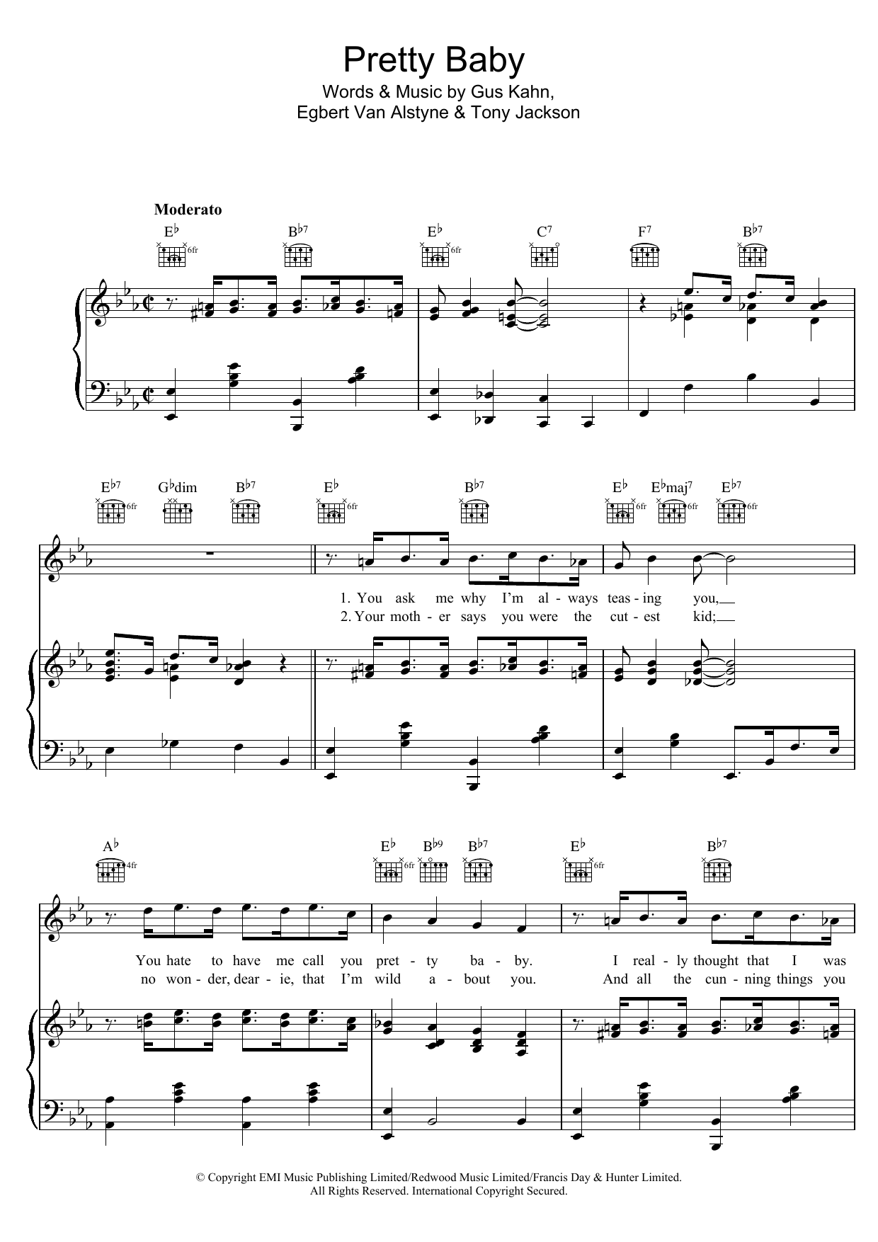 Tony Jackson Pretty Baby Sheet Music Notes & Chords for Piano, Vocal & Guitar Chords (Right-Hand Melody) - Download or Print PDF