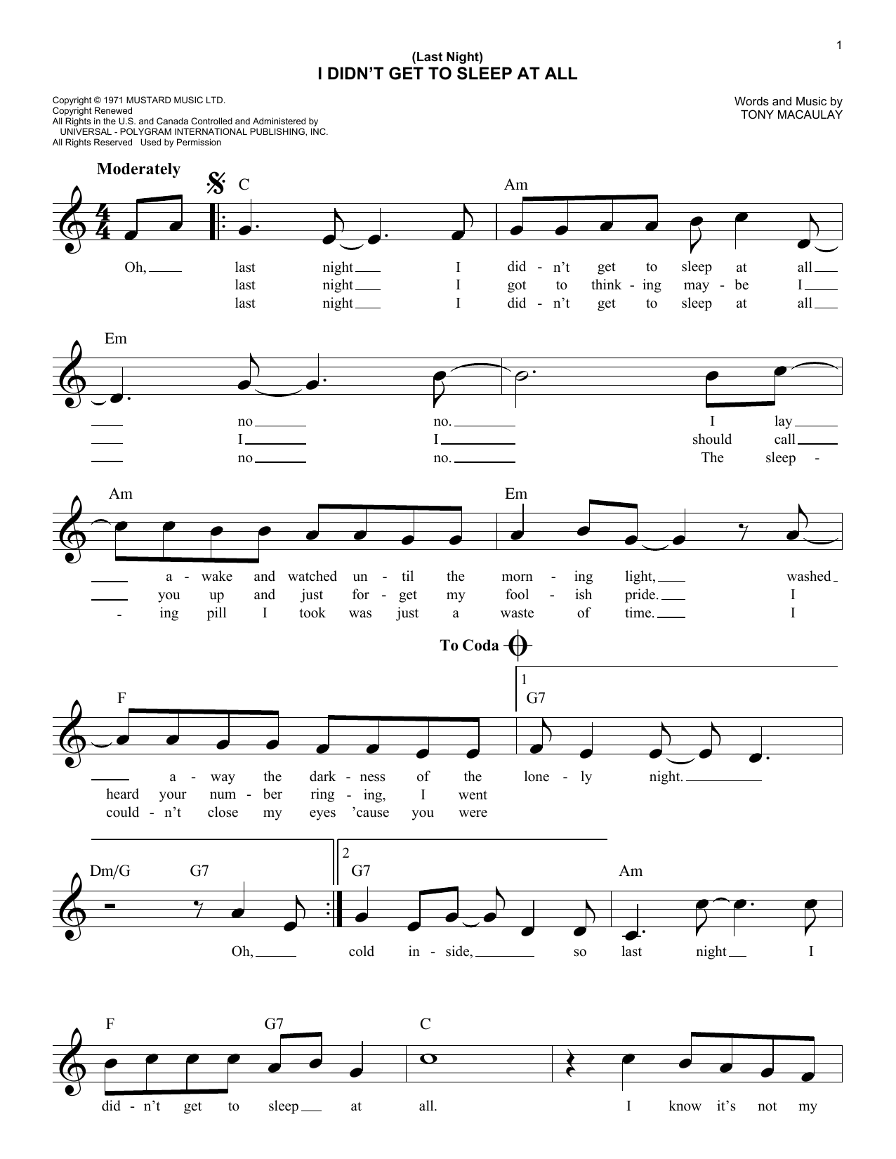 Tony Macaulay (Last Night) I Didn't Get To Sleep At All Sheet Music Notes & Chords for Lead Sheet / Fake Book - Download or Print PDF