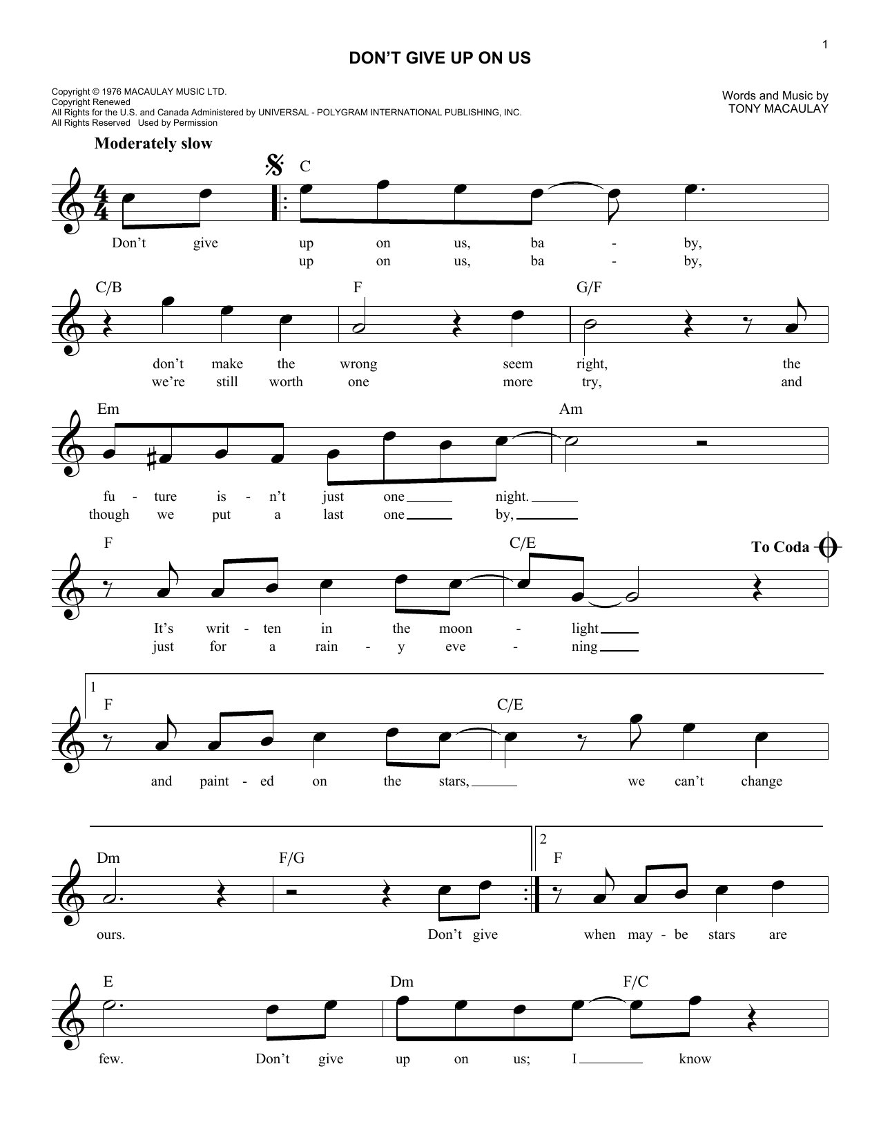 Tony Macauley Don't Give Up On Us Sheet Music Notes & Chords for Melody Line, Lyrics & Chords - Download or Print PDF