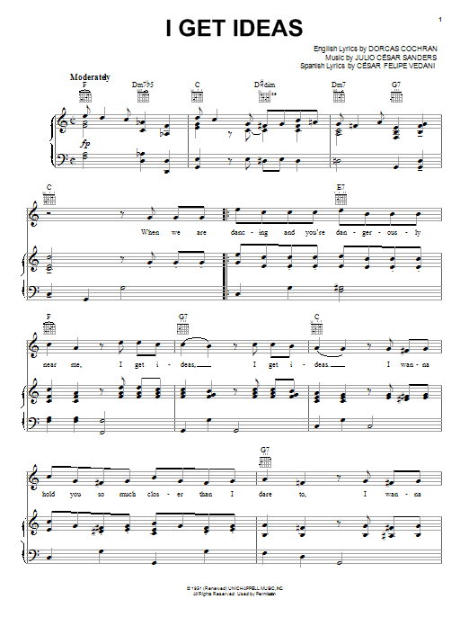 Tony Martin I Get Ideas Sheet Music Notes & Chords for Piano, Vocal & Guitar (Right-Hand Melody) - Download or Print PDF