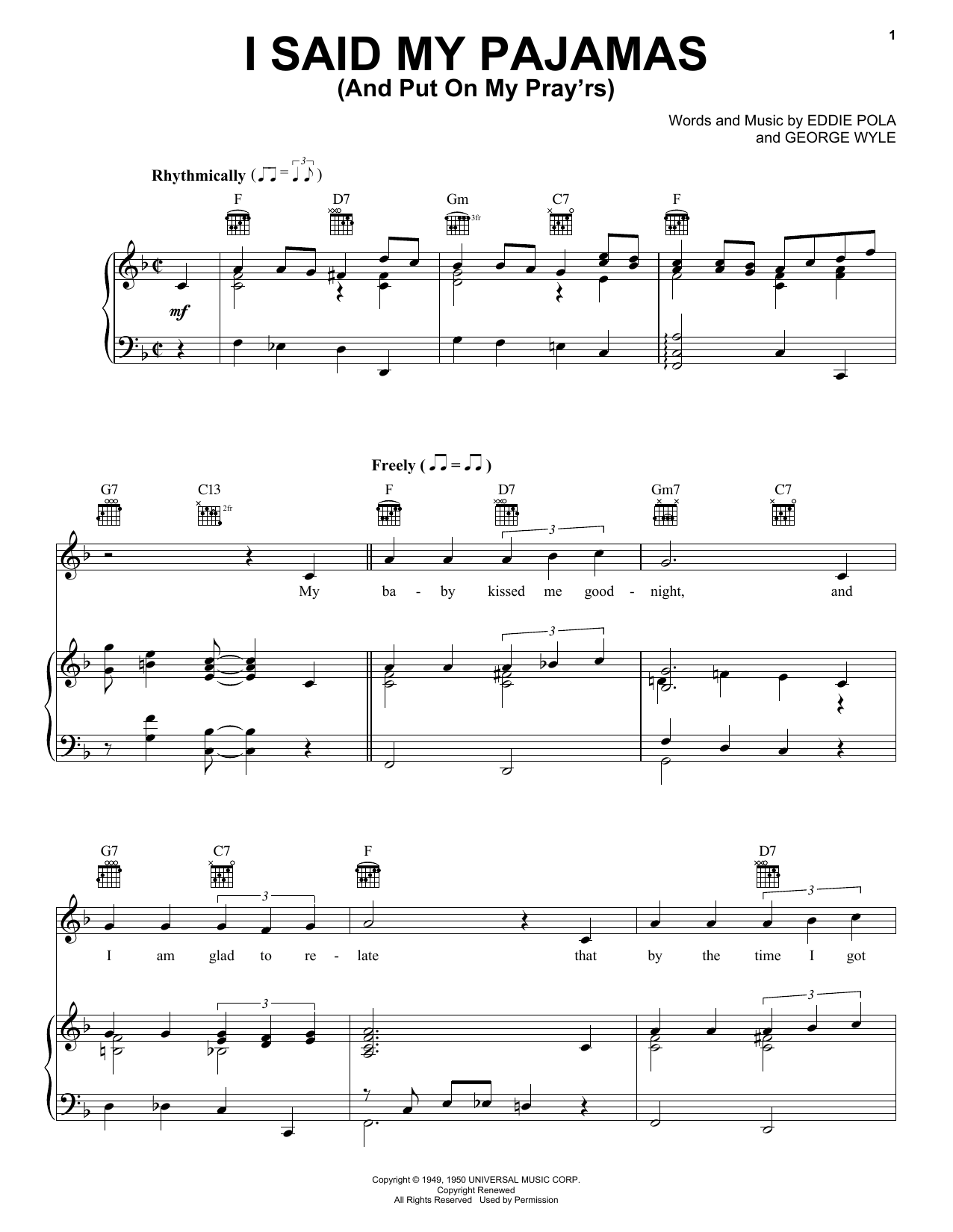 Tony Martin I Said My Pajamas (And Put On My Pray'rs) Sheet Music Notes & Chords for Piano, Vocal & Guitar (Right-Hand Melody) - Download or Print PDF