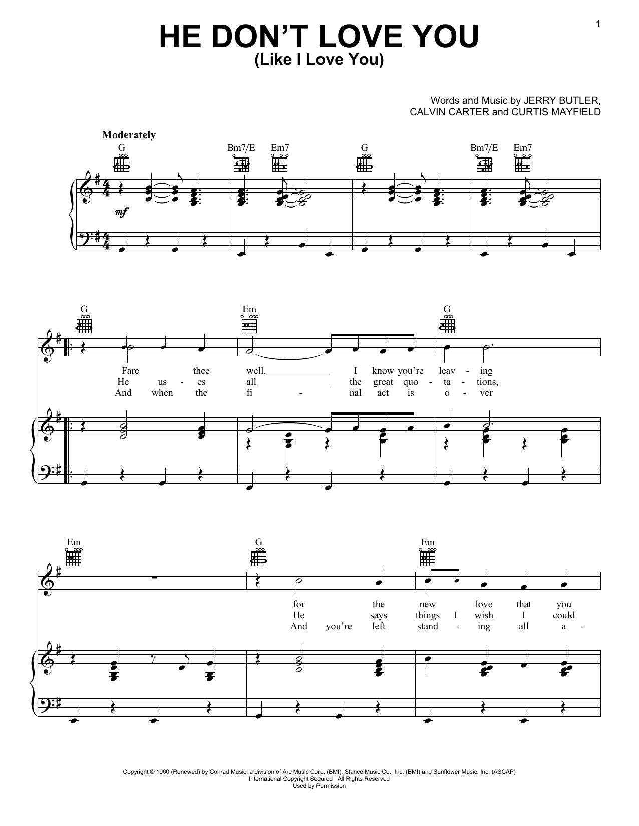 Tony Orlando & Dawn He Don't Love You (Like I Love You) Sheet Music Notes & Chords for Piano, Vocal & Guitar Chords (Right-Hand Melody) - Download or Print PDF