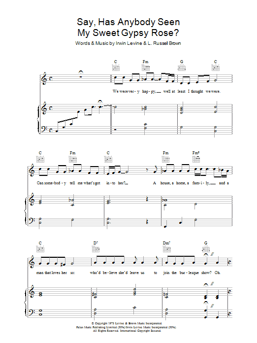 Tony Orlando Say, Has Anybody Seen My Sweet Gypsy Rose? Sheet Music Notes & Chords for Piano, Vocal & Guitar (Right-Hand Melody) - Download or Print PDF