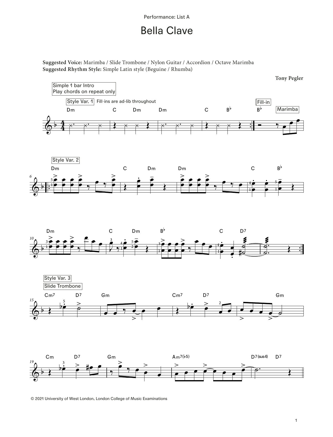 Tony Pegler Bella Clave (from LCME Electronic Keyboard Grade 6 List A) Sheet Music Notes & Chords for Piano Solo - Download or Print PDF