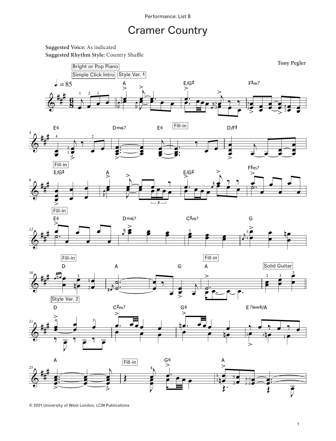 Tony Pegler Cramer Country (from LCME Electronic Keyboard Grade 8 List B) Sheet Music Notes & Chords for Piano Solo - Download or Print PDF