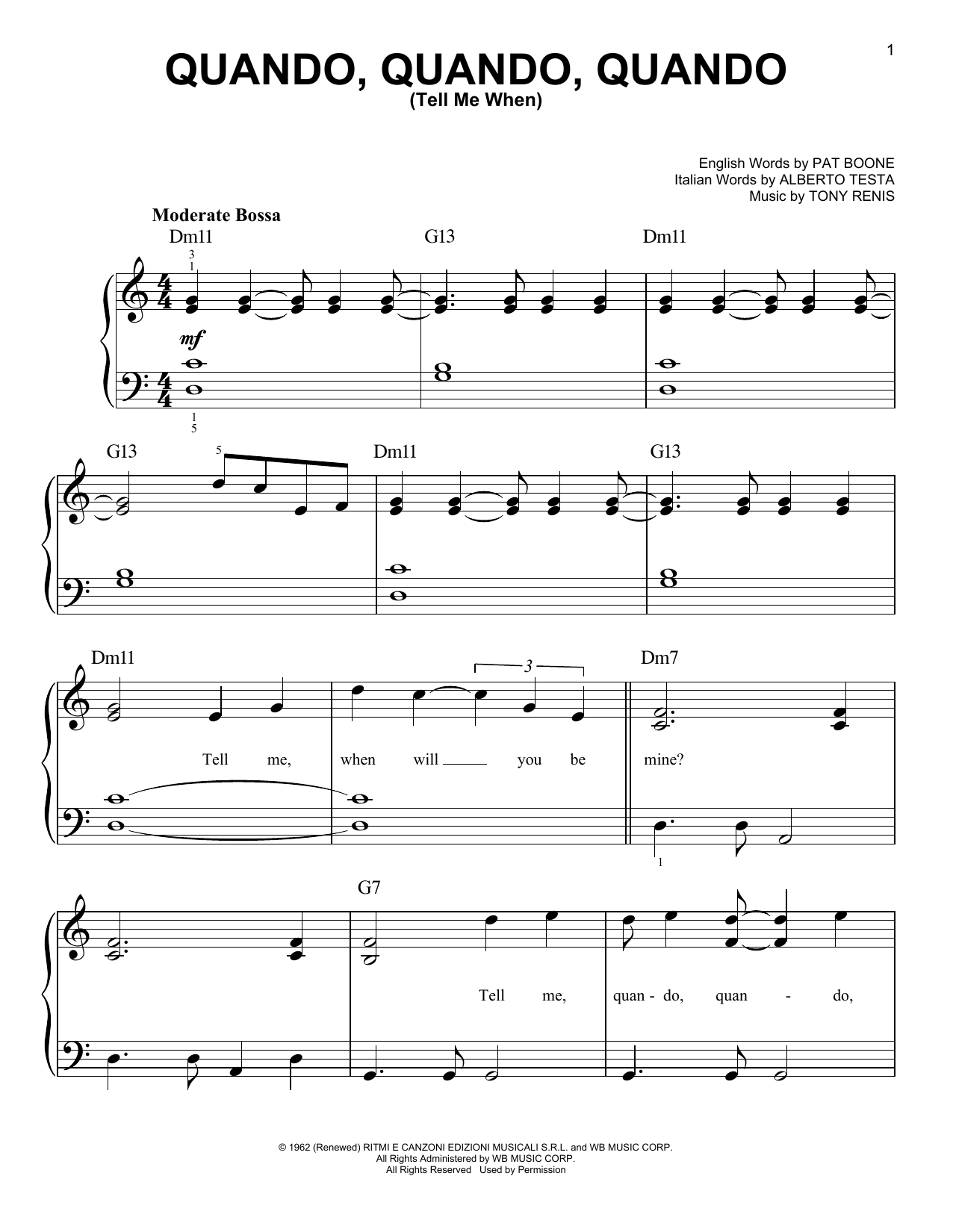 Tony Renis Quando, Quando, Quando (Tell Me When) Sheet Music Notes & Chords for Very Easy Piano - Download or Print PDF