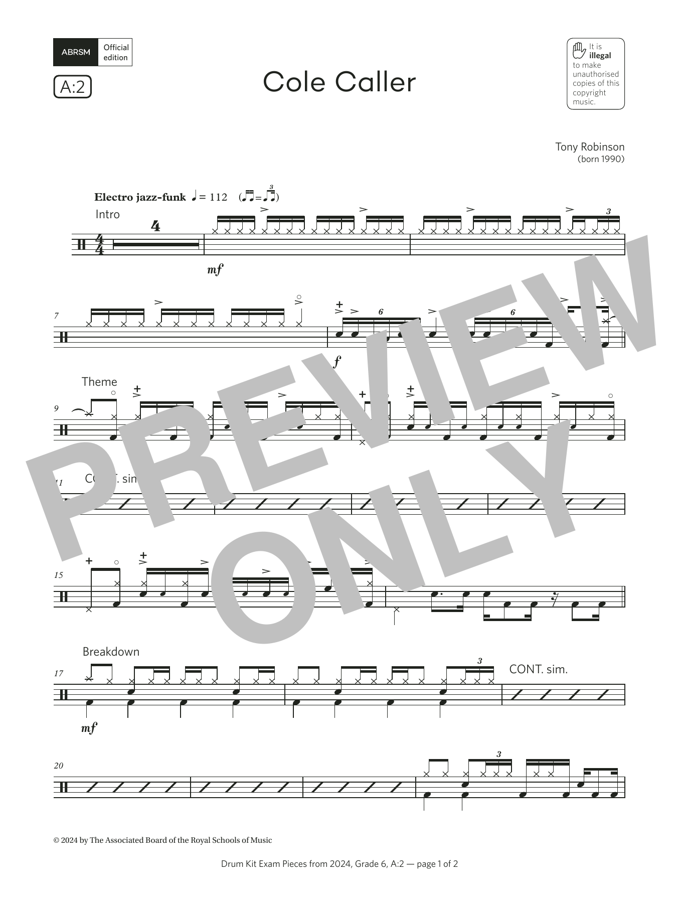 Tony Robinson Cole Caller (Grade 6, list A2, from the ABRSM Drum Kit Syllabus 2024) Sheet Music Notes & Chords for Drums - Download or Print PDF