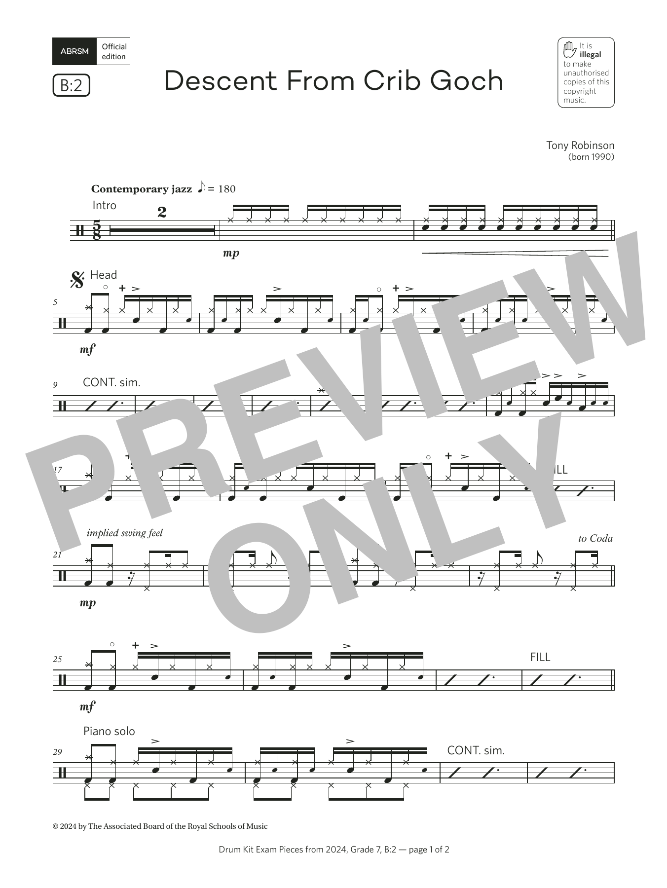 Tony Robinson Descent From Crib Goch (Grade 7, list B2, from the ABRSM Drum Kit Syllabus 2024) Sheet Music Notes & Chords for Drums - Download or Print PDF