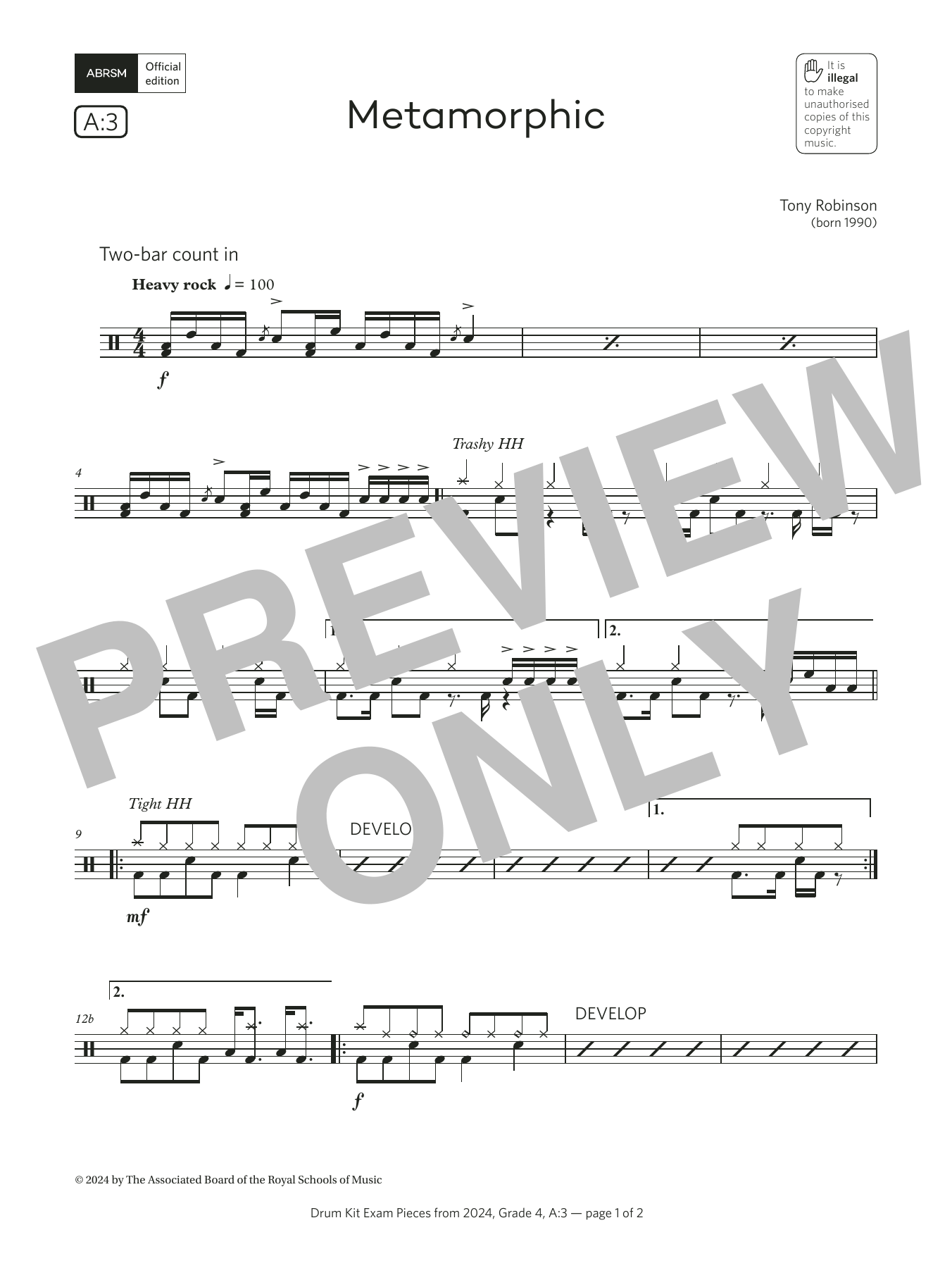 Tony Robinson Metamorphic (Grade 4, list A3, from the ABRSM Drum Kit Syllabus 2024) Sheet Music Notes & Chords for Drums - Download or Print PDF