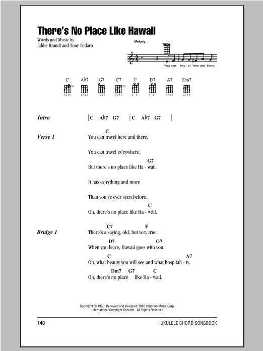 Tony Todaro There's No Place Like Hawaii Sheet Music Notes & Chords for Ukulele with strumming patterns - Download or Print PDF